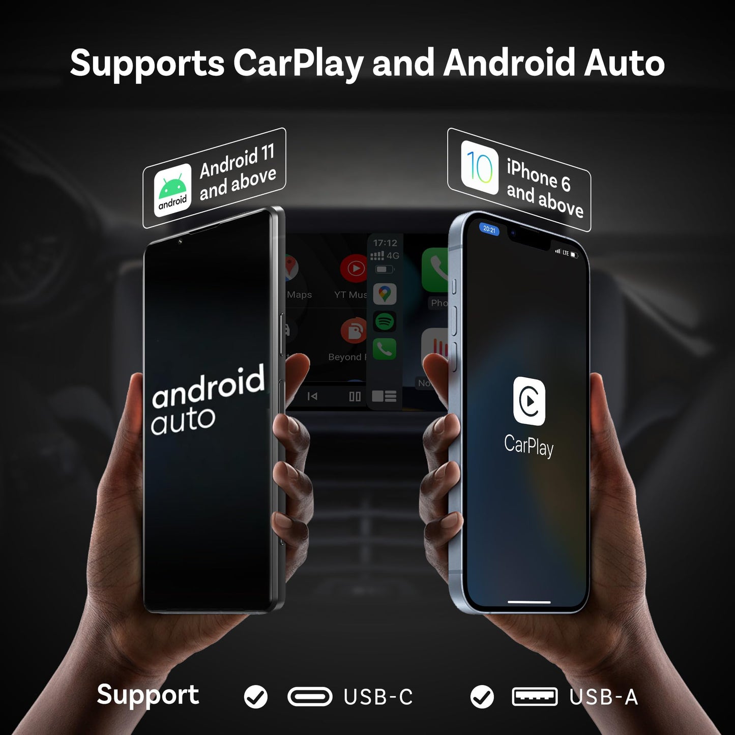 OTTOCAST Mini 2in1 Wireless Carplay Adapter for Apple iPhone with GPS Passthrough, Android Auto Car Adapter, Plug & Play, Convert Wired to Wireless Car Play Dongle to USB& USB-C, No Delay
