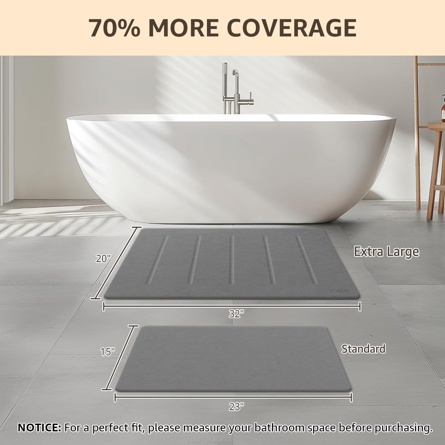 Yolife Stone Bath Mat Large, 32" x 20" Diatomaceous Earth Bath Mat for Bathroom, Super Absorbent Quick Drying Bathroom Stone Mat, Non-Slip Diatomite Shower Mat, Easy to Clean, Dark Grey