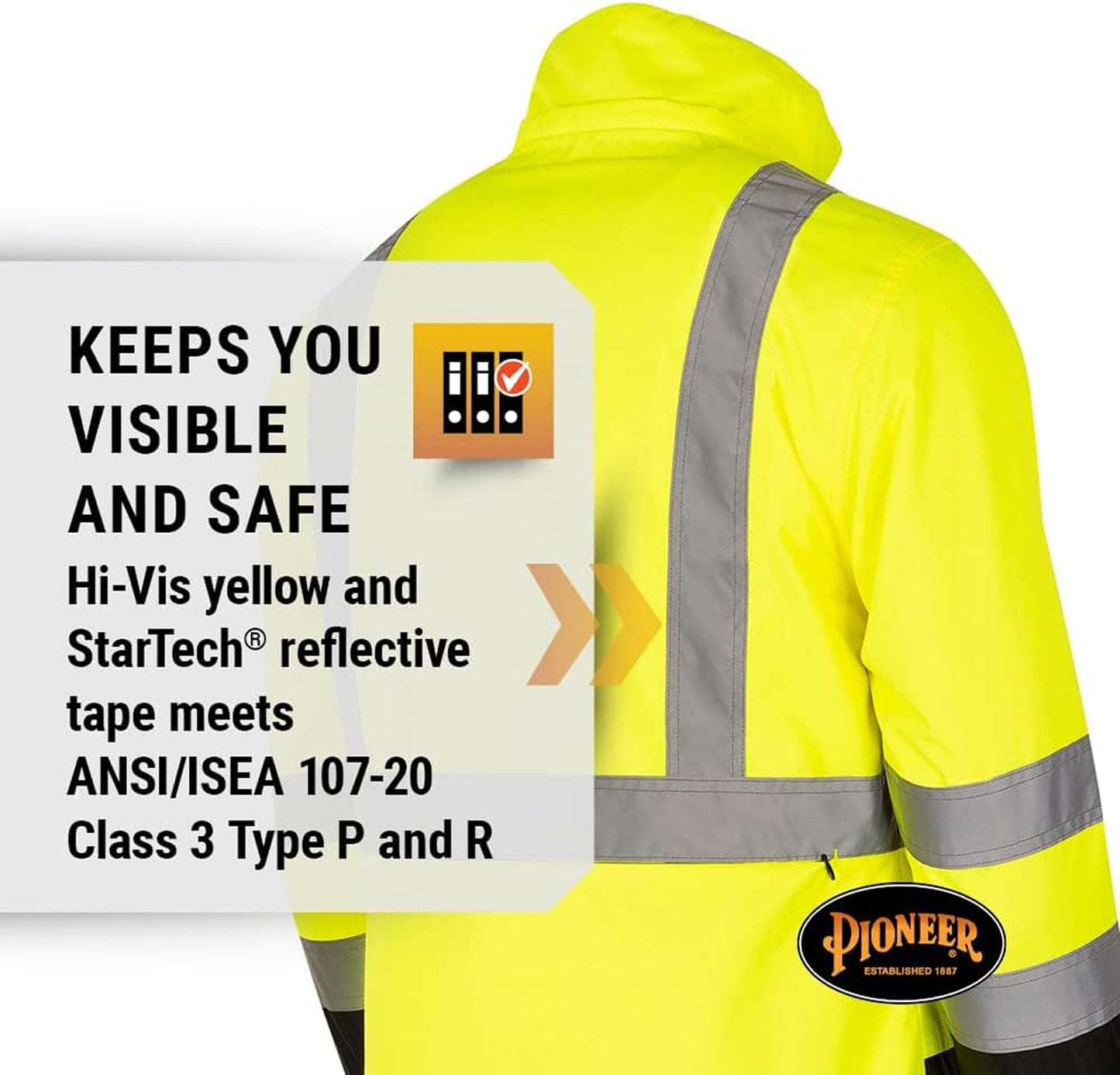 Pioneer Hi Vis 2-in-1 Safety Rain Jacket for Men & Women - Reverses to Black Puffer - Reflective Waterproof Gear - Class 3