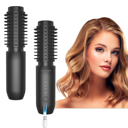 3-in-1 Cordless Curling Brush Iron & Heated Round Brush & Hair Straightener Comb, Portable Rechargeable Travel Hair Curler for Women