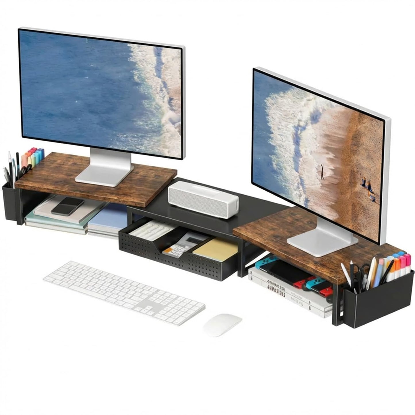 OPNICE Desk Organizers and Accessories, Dual Monitor Stand Riser with Drawer and 2 Pen Holders, Desk Shelf Wood Computer Racks for Office Workspace Organizers, Desktop Organization (Rustic Brown)
