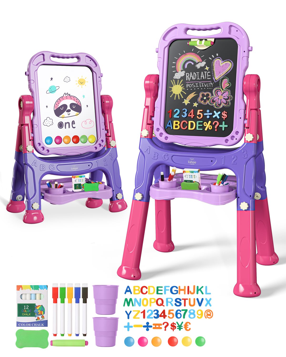 Lehoo Castle Kid Easel, 4 in 1 Double Sided Art Easel with Magnetic White Chalk Board, Adjustable Standing Toddler Easel Board with Painting & Writing Accessories - Gift for Girls