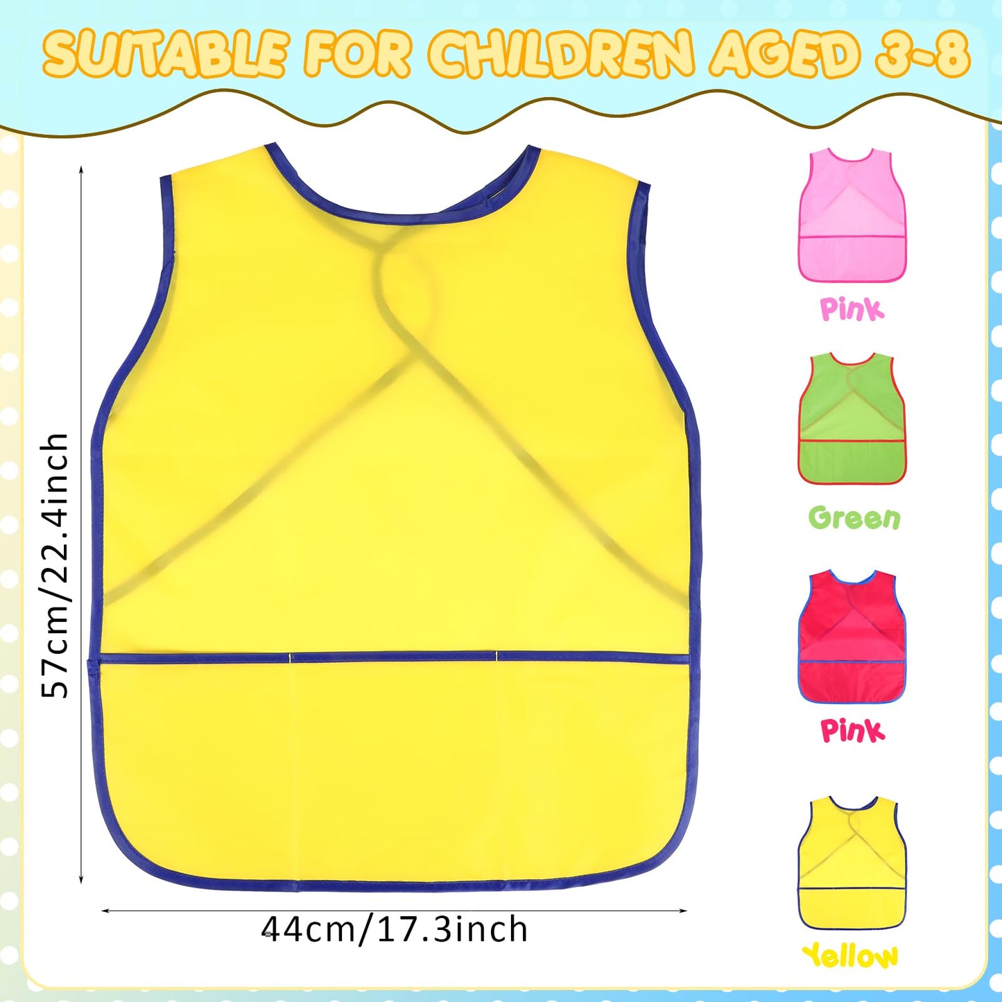 Juinipe 12 Pcs Art Smock for Kids Waterproof Painting Aprons Sleeveless Children with Pockets Age 3 to 8 Paint Craft Activity, Bright color, Único