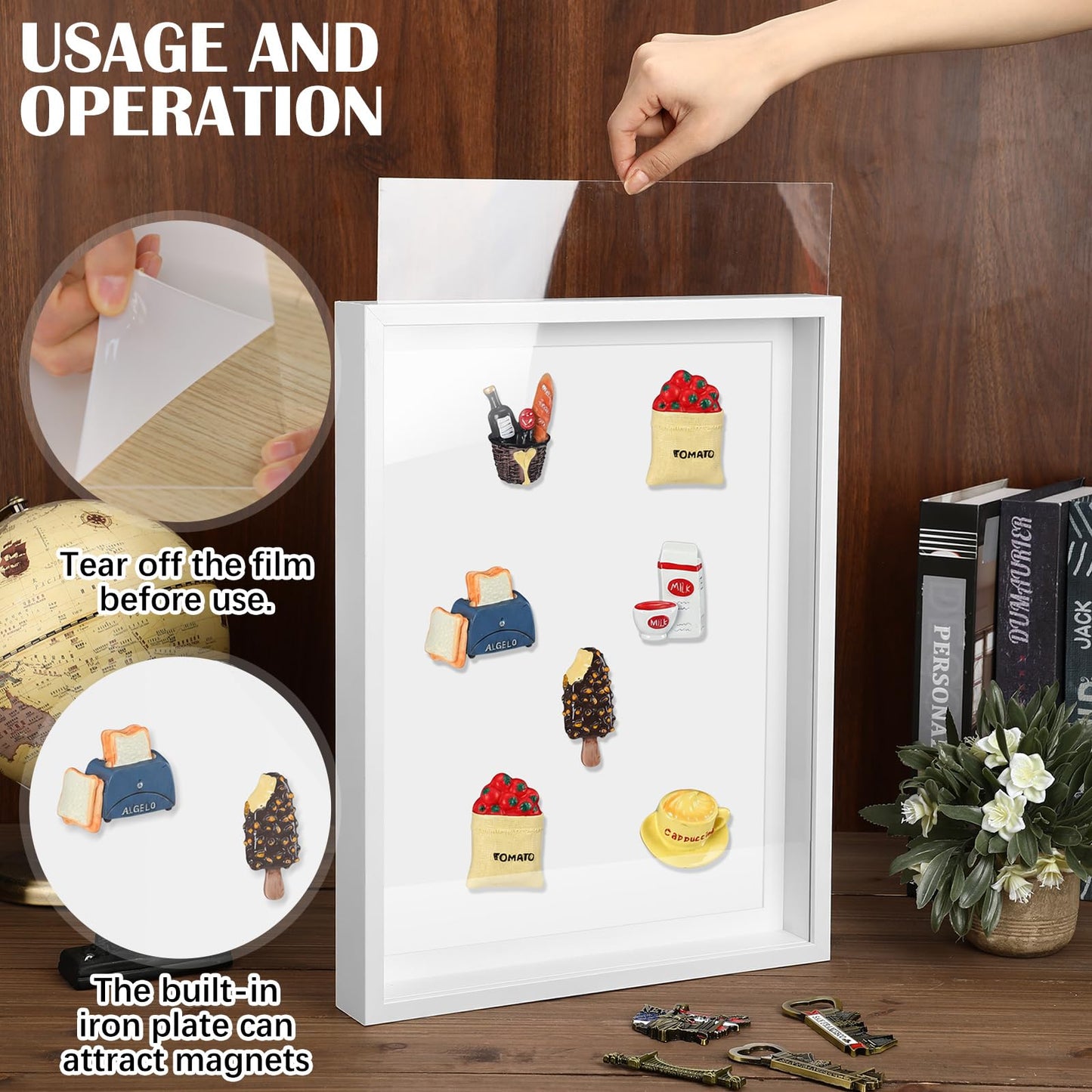 Vicenpal 2 Pcs Large Magnetic Board 16" x 12" Magnet Display Board Removable Souvenir Fridge Magnet Frames Case for Wall Dust Proof Magnetic Shadow Box for Wall Table Refrigerator (White)