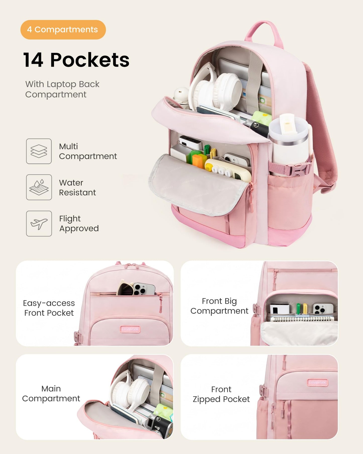 LOVEVOOK Laptop Backpack for Women with Large Cup Holder,15.6Inch DIY Design Travel Work Backpack Computer Laptop Bag,Waterproof Nurse Teacher College Commuter Backpack Purse,Gift for Women Men,Pink