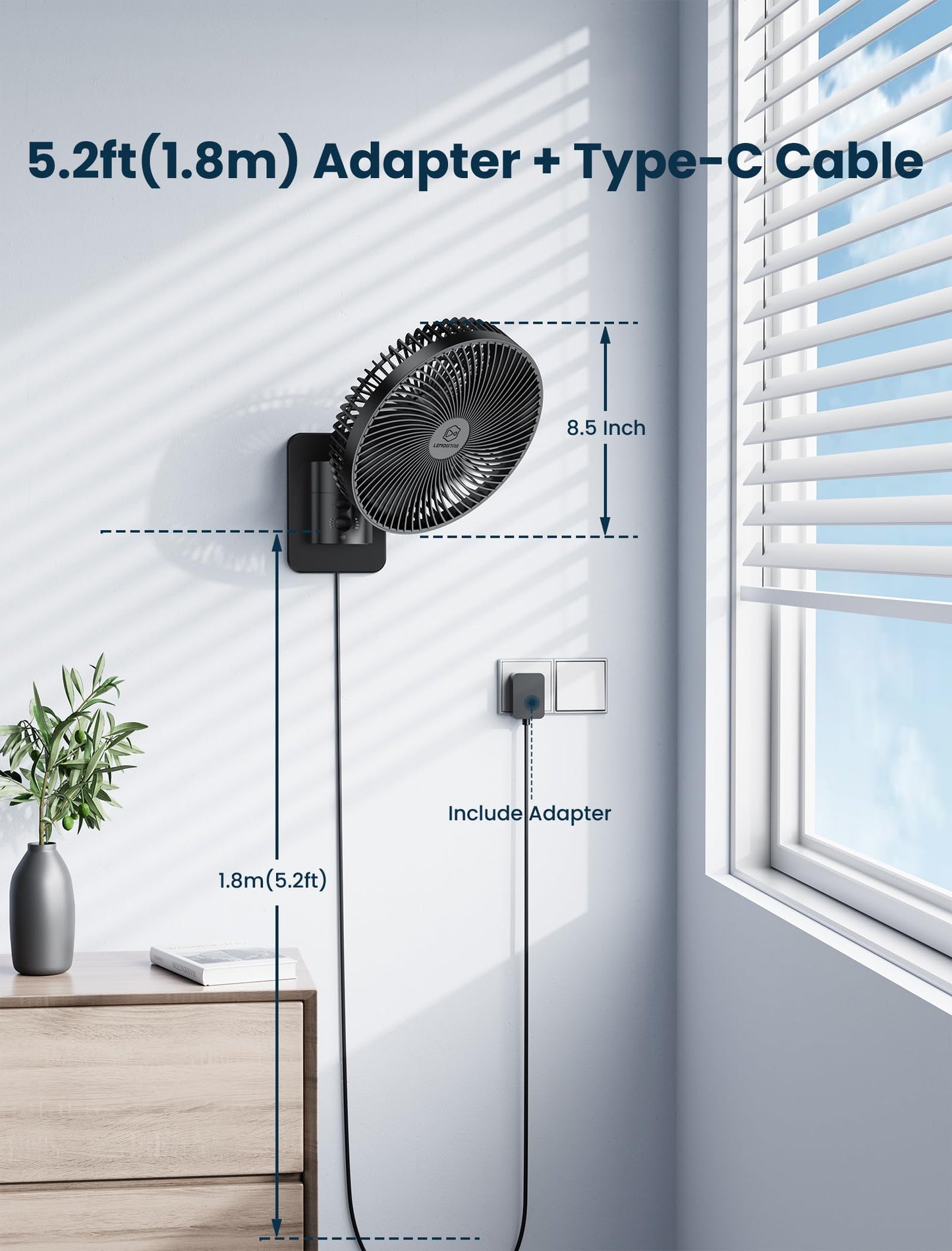 8.5-Inch Quiet Wall-Mounted Oscillation Fan with Remote & Timer, 4-Speed Adjustable for Small Bathrooms, Indoor Bedroom Cooling for RV, Adjustable Tilt, 5.92 ft Cord, Garage Cooling Fan for Home