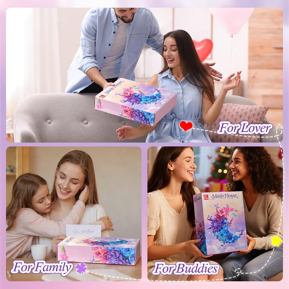 Moon Eternal Flower Decoration Building Set for Adults, 977 Pcs Micro-Particle Crescent-Shaped Artificial Flowers Building Blocks with Built-in Wall-Mounting Holes for Easy Wall Display (JJ9163)