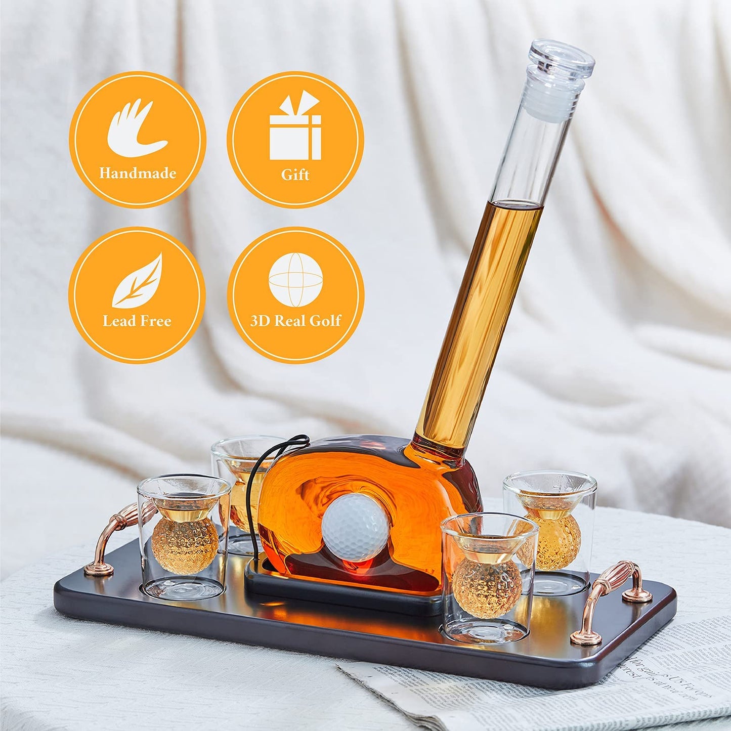 CRAFTGEN Golf Whiskey Decanter Set with 4 Golf Ball Shot Glasses, Unique Golf Gifts for Men Women, 750ml Golf Themed Liquor Dispenser, Golf Club Drink Dispenser for Bourbon, Scotch, Vodka, Tequila