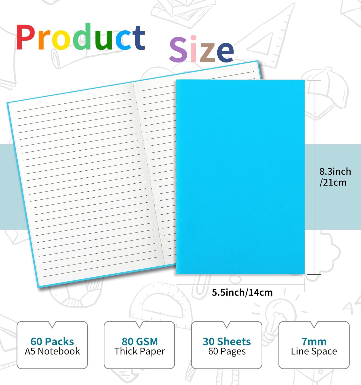 ALKALO 60 Pack Colorful Lined Notebooks for Writing, Journals Bulk, A5 Composition Books, 8.3x5.5 Inch, 60 Pages, 30 Sheets Sketchbooks for Office School Travel Supplies (Lined-60 pack, 12 Colors)