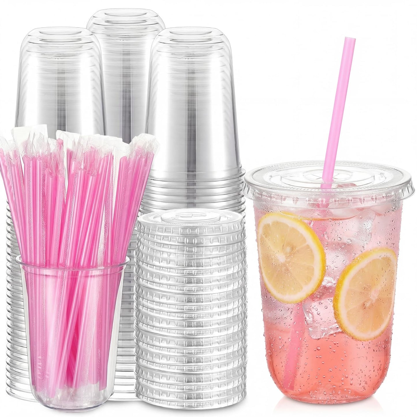 Ziliny 100 Pack 16 oz Clear Plastic Cups with Lids and Straws Disposable Iced Coffee Cups Round Bottom To carry Cup for Coffee Smoothie Cold Drinks Juice Milkshake Tea (Pink)