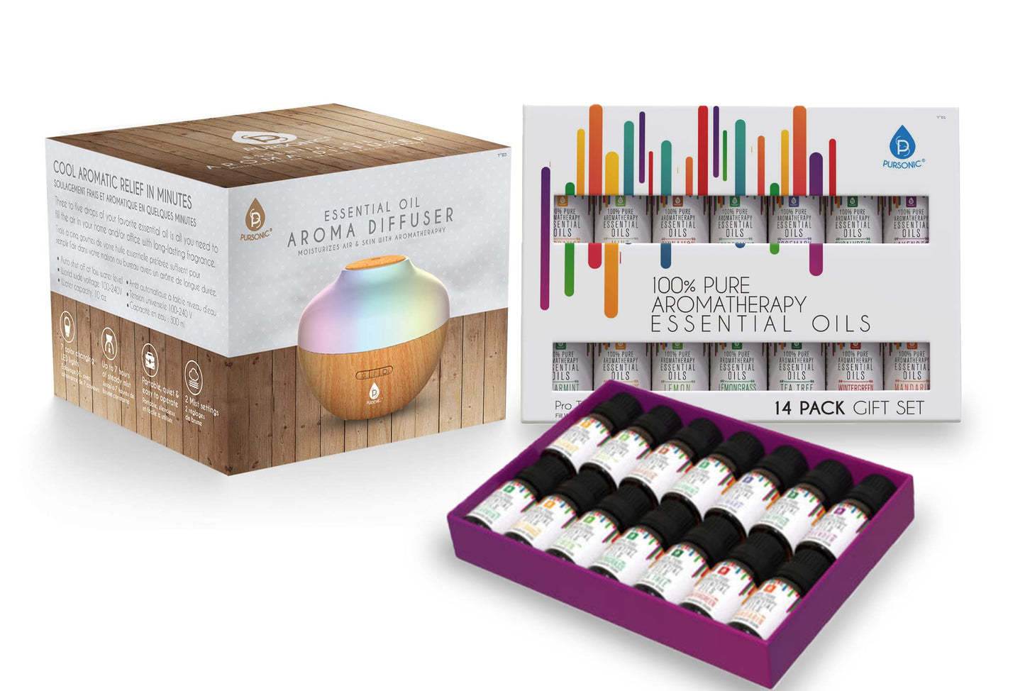 Pursonic Aromatherapy Diffuser & Essential Oil Set-Ultrasonic Diffuser & Top 14 Essential Oils-300ml Diffuser with 2 Mist Settings & 7 Ambient Light Settings-Therapeutic Grade Essential Oils