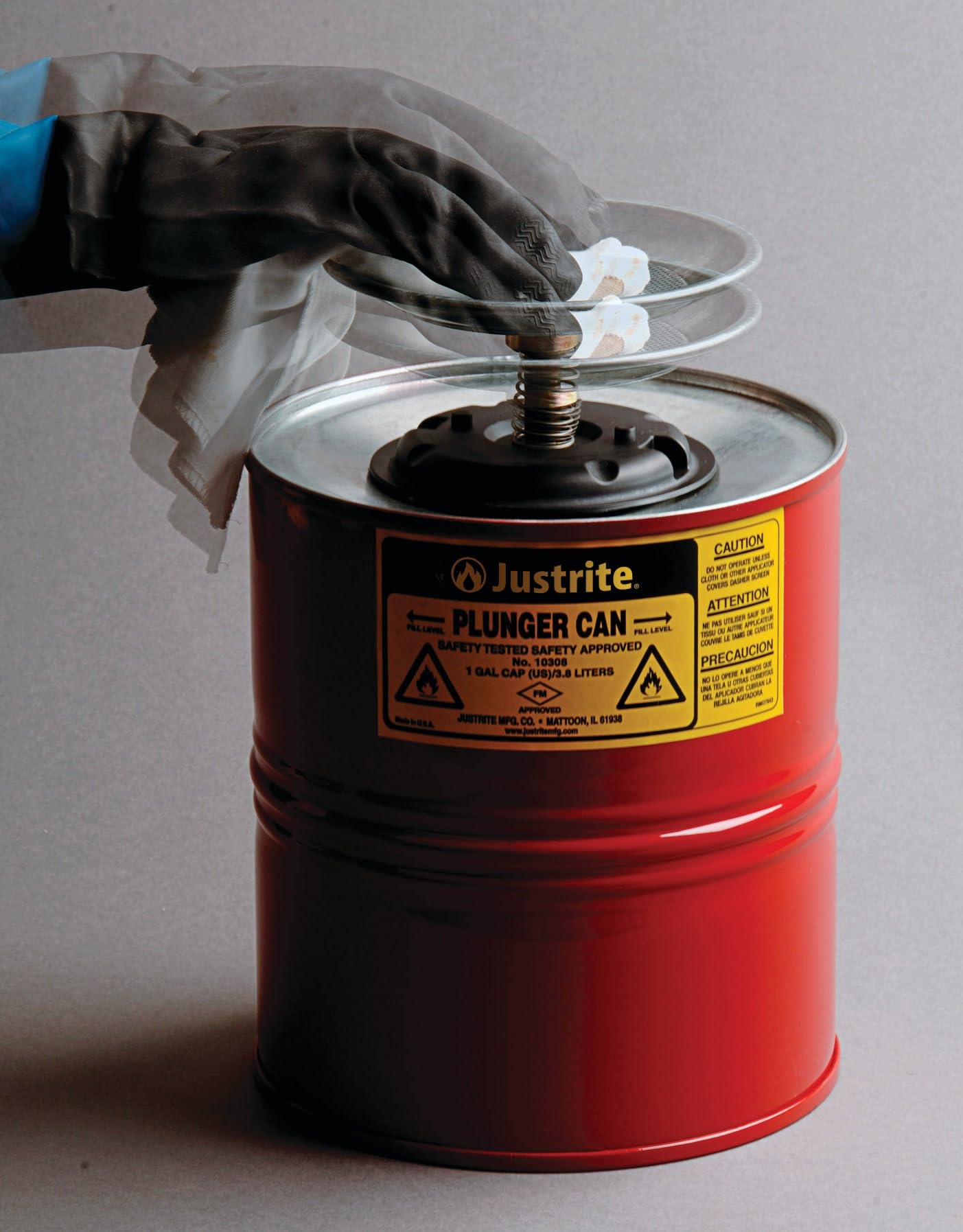 Justrite Plunger Can for Solvents, 1 Gallon Capacity, 10.5" x 7.25" Steel Push-Down Solvent Dispenser Can, Made in The USA Industrial Mechanic Tools, Red, 10308