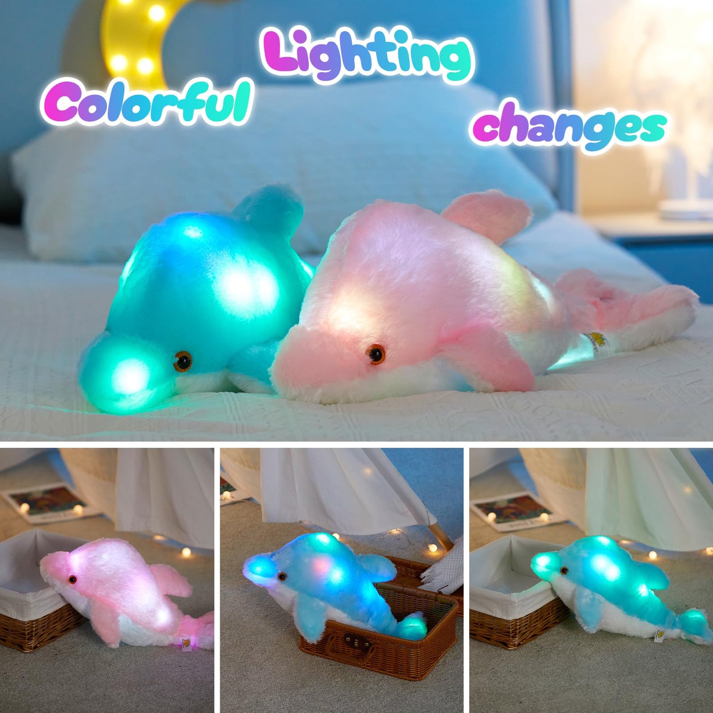 Bstaofy 10''Light up Dolphin Stuffed Animal Night Light Colorful Glowing Dolphin Soft LED Plush Toys Gift for Kids on Christmas Birthday Festivals, Blue