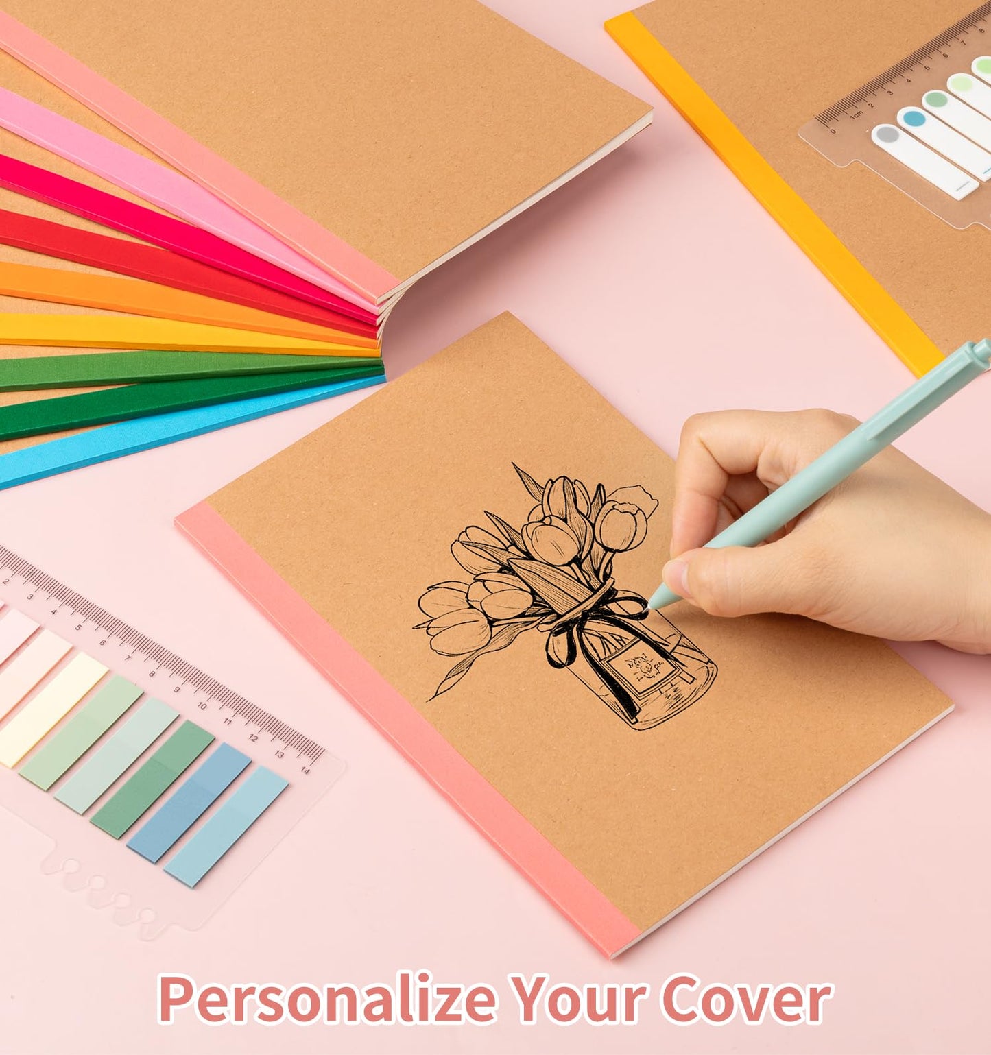 ALKALO 60 Pack Lined Notebook Journals Bulk, A5 College Ruled Composition Notebook, 8.3”x 5.5”, Kraft Cover with Rainbow Spines, 15 Colors 60 Pages for School Office Travel