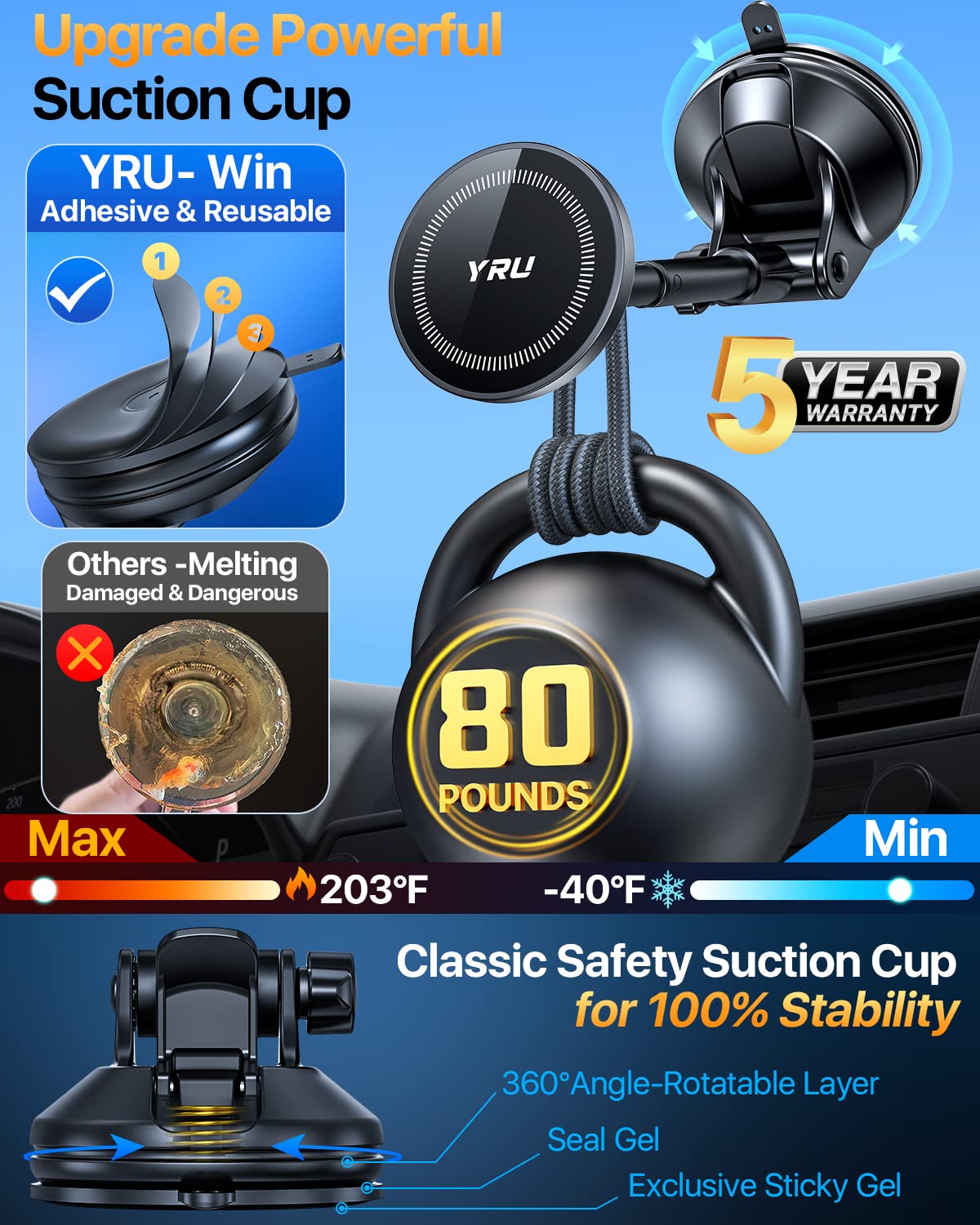 YRU [2025 Upgraded] Magnetic Phone Holder for Car【Patented & Super Magnet】 for MagSafe Car Mount Dashboard Magnet Phone Holder Windshield Phone Stand for iPhone 16 15 14 13 12 Pro Max Samsung, Black