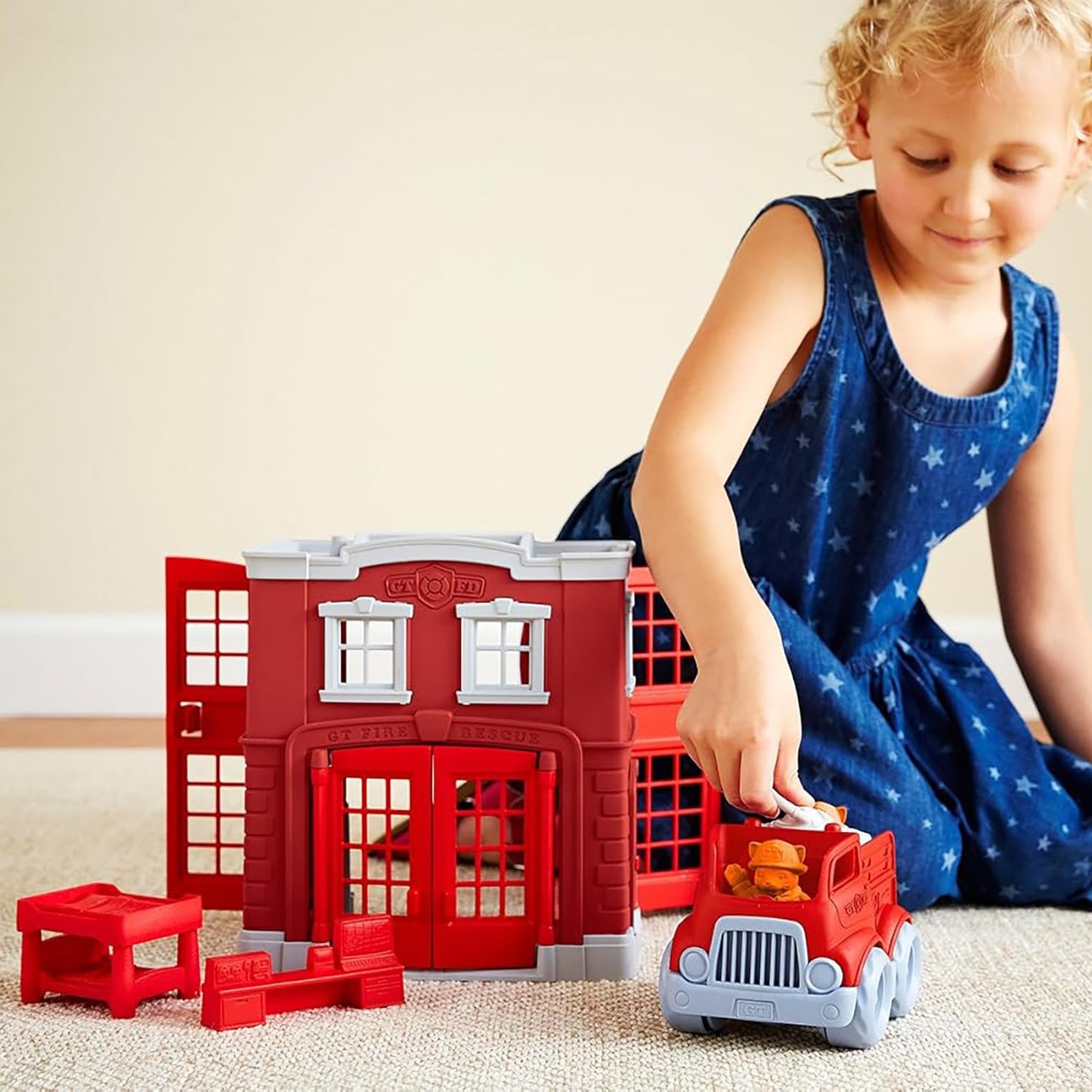Green Toys Fire Station Playset - 8 Piece Pretend Play, Motor Skills, Language & Communication Kids Role Play Toy. No BPA, phthalates, PVC. Dishwasher Safe, Recycled Plastic, Made in USA.