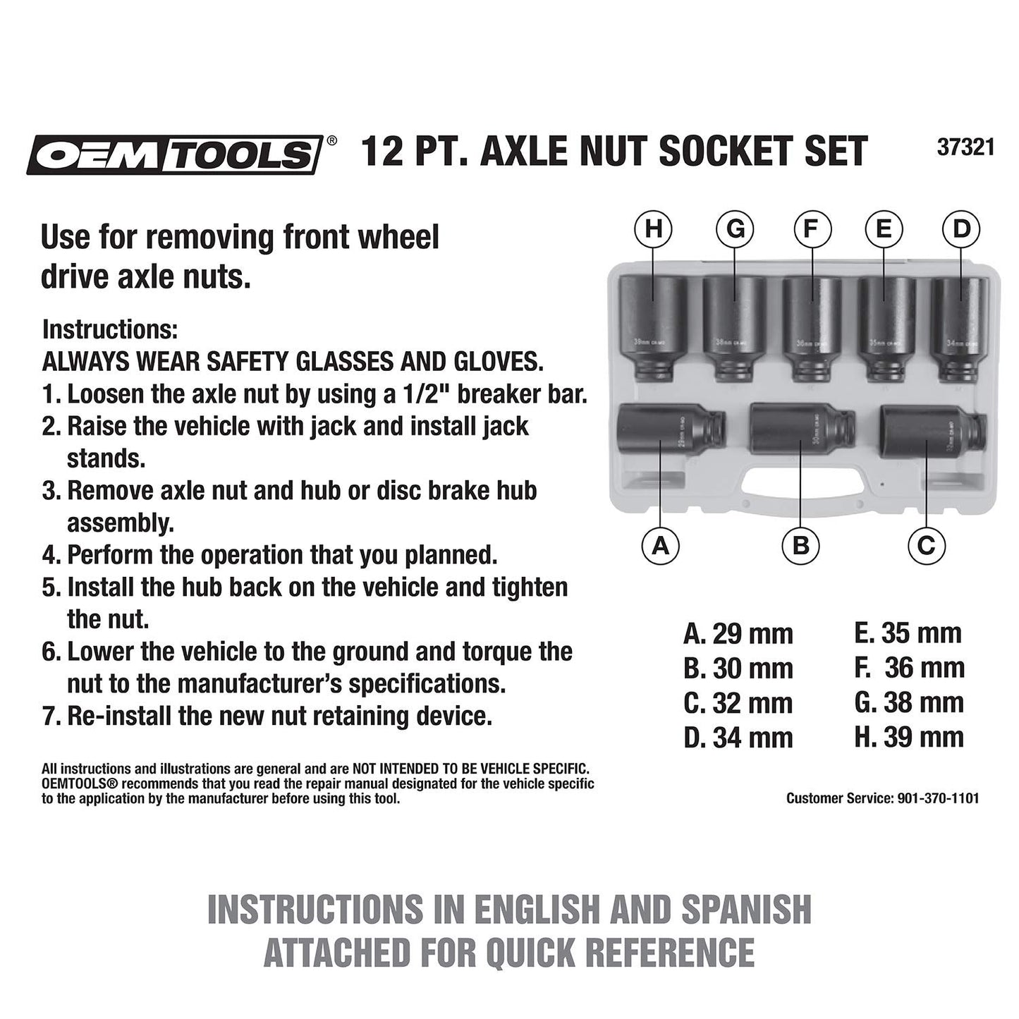OEMTOOLS 37321 8 Piece 1/2 Inch Drive Axle Nut Socket Set, 12 Point Set, 29mm, 30mm, 32mm, 34mm, 35mm, 36mm, 38mm, and 39mm Socket Set with Case