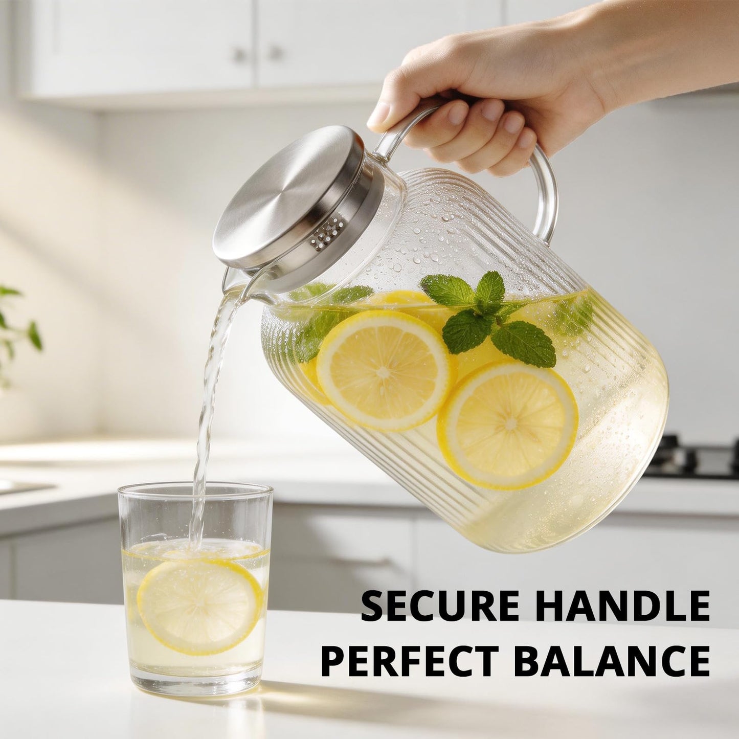 Bivvclaz 1 Gallon Glass Pitcher with Lid and Handle, Stripes Water Pitcher for Fridge, Borosilicate Glass Carafe for Hot/Cold Drink, Extra Large Jug for Iced Tea, Coffee, Juice, Homemade Beverage