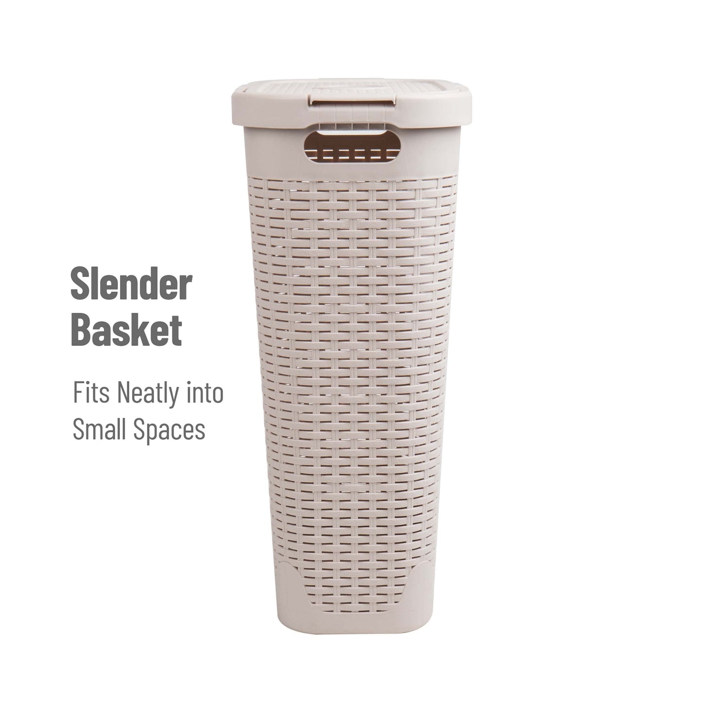 Mind Reader Slim Laundry Hamper with Lid, 40L Clothes Basket, Narrow Tapered Design with Ventilated Cutout Pattern, Plastic, Set of 2, Ivory