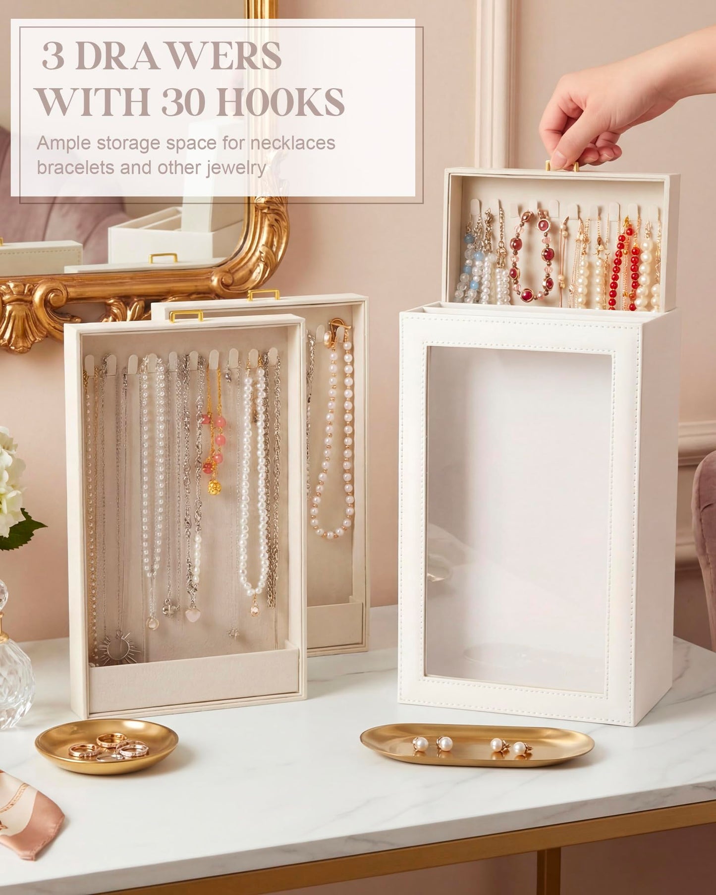 Huquary 3 Layer Vertical Necklace Holder Organizer Box 12.6" x 7.9" x 5", 30 Hooks PU Necklace Storage Box with Clear Lid Necklaces Display Case for Jewelry Organizer Storage Women Gift(White)