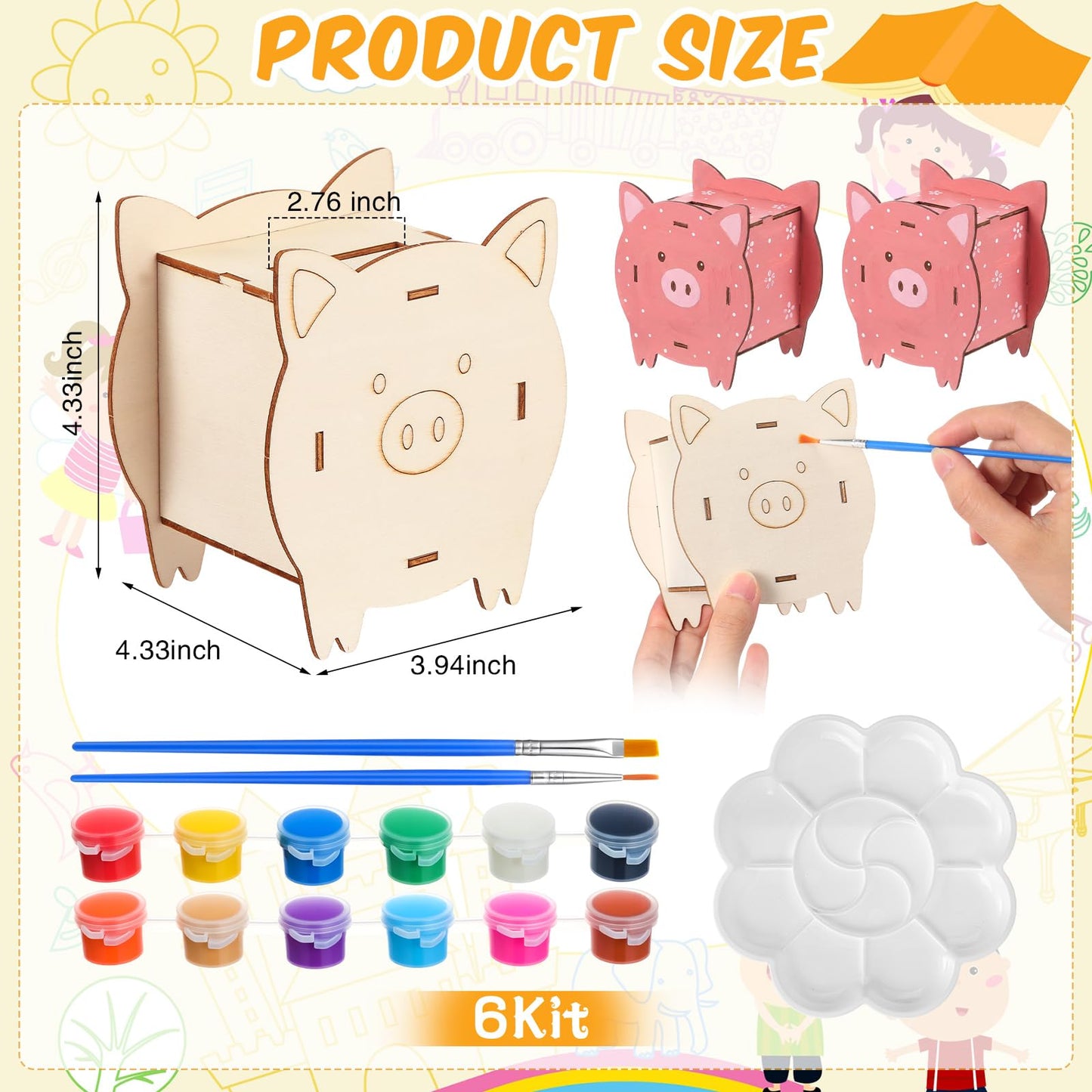 Weysat 12 Set DIY Wooden Piggy Banks Kit Unfinished Pig Coin Banks Craft with Paint Strips Brushes Palette Money Saving Box Small Change Container Art Craft Fo Birthday Home Festival Gift