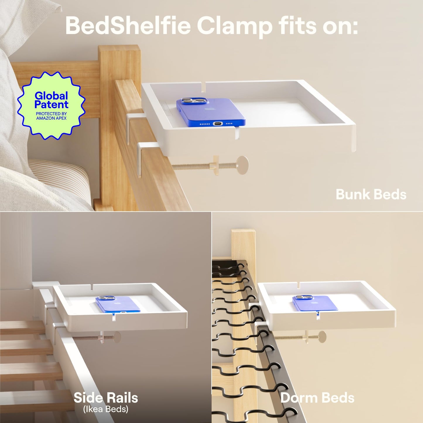 BedShelfie Wood Bedside Shelf for Bunk Bed & Top Bunk, College Dorm Room Essentials, Loft Nightstand, Floating Bed Side Table Tray Storage, Dorm Room Decor By Smallish - (DormEssential Wood, White)