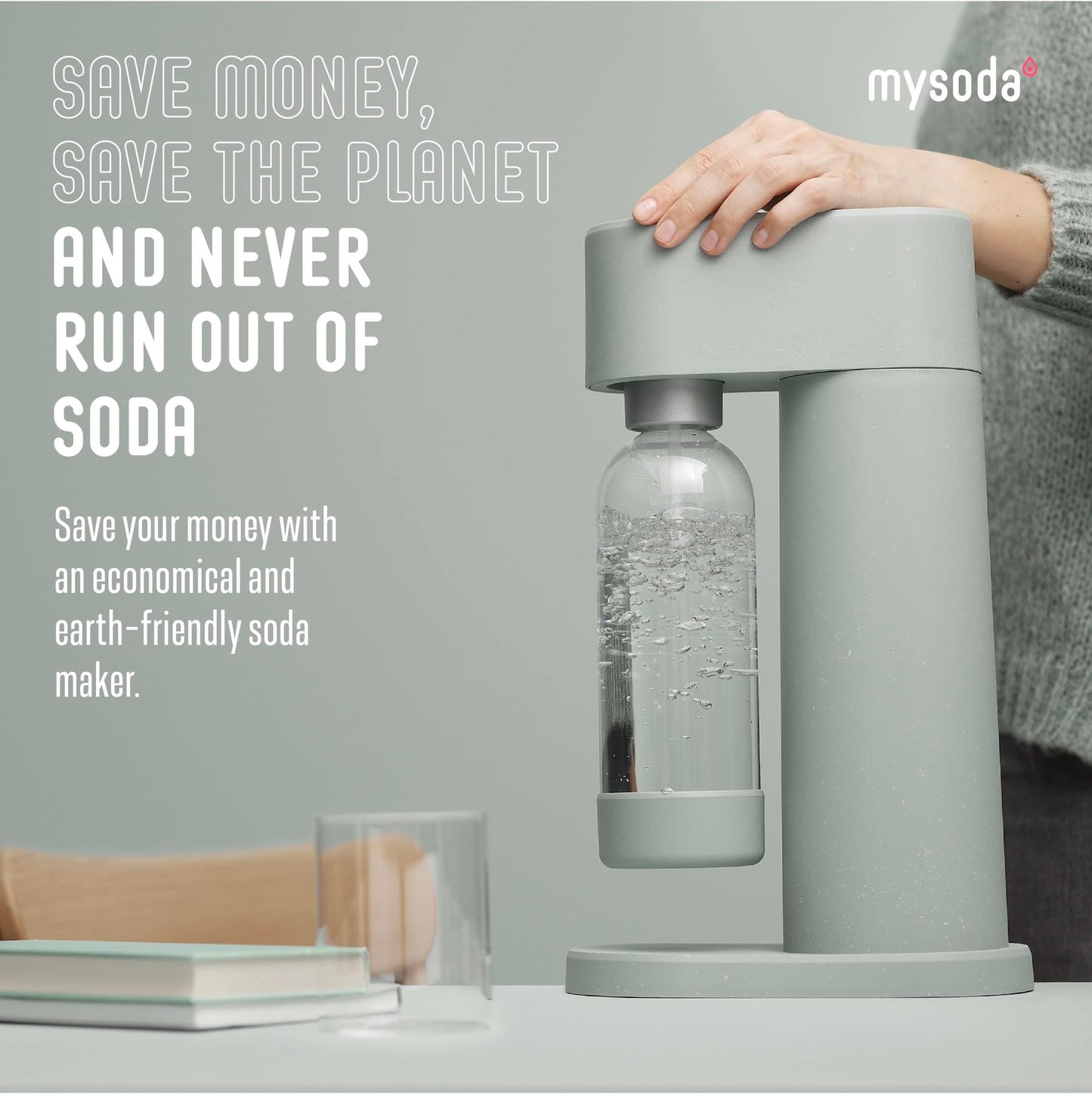 Mysoda Woody Sparkling Water Maker - Silent Carbonated Water Machine Made of Renewable Wood Composite and 1L Water Bottle - Without CO2 Cylinder - Seltzer Maker Machine - Colour Sage Green
