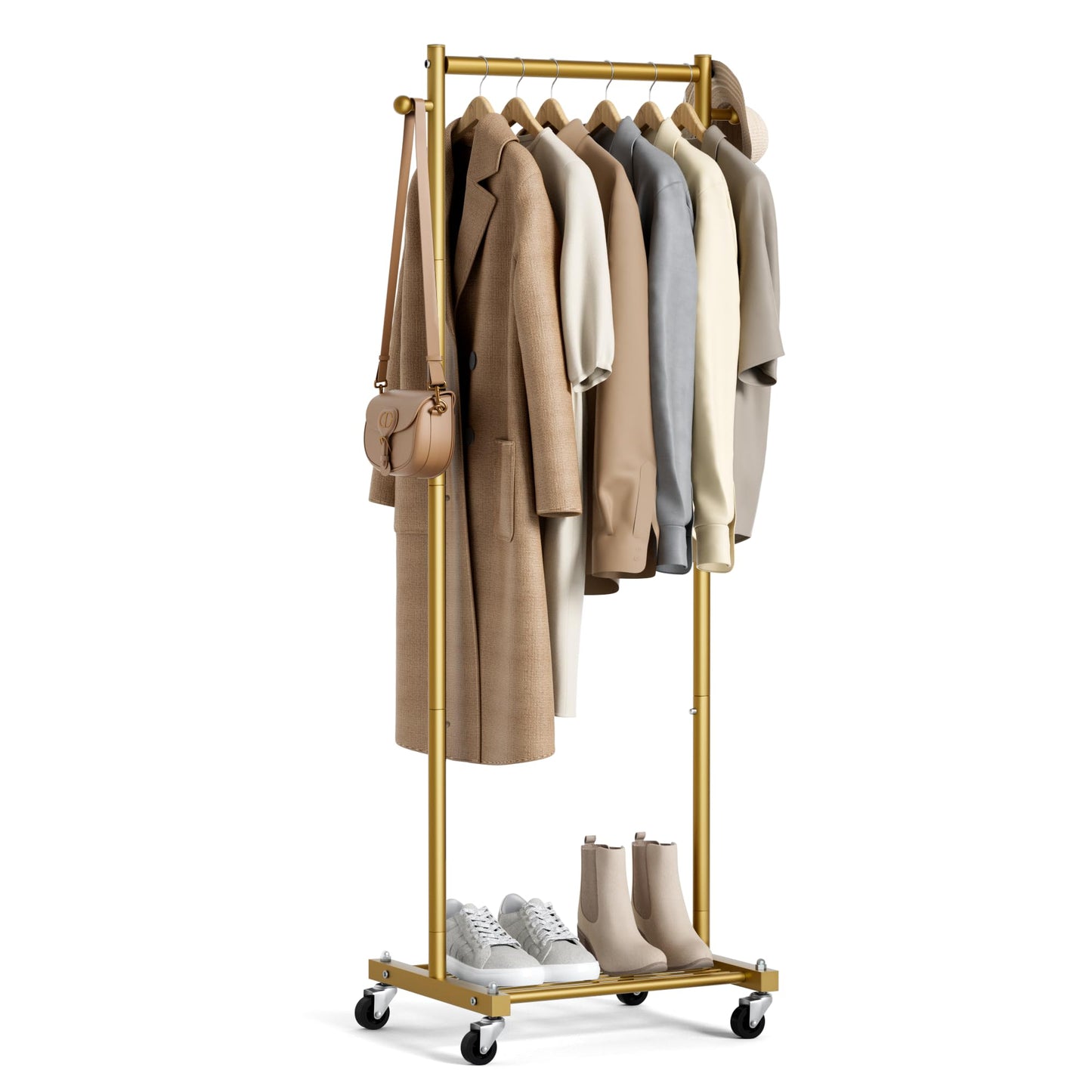 MISSLO Small Clothes Racks for Hanging Clothes Clothing Rack with Wheels 60" Garment Rack with Shelves Portable Rolling Wardrobe Rack for Small Space (Gold)