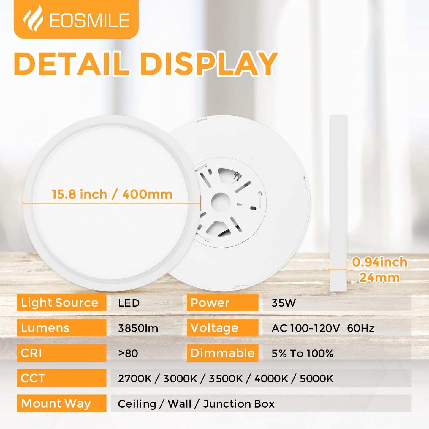 EOSMILE 2Pack 15.8 Inch LED Flush Mount Ceiling Light, 35W, 3850LM, 2700K-5000K 5CCT Selectable & Dimmable, White Round Flat Panel Light for Hallway, Kitchen, Bedroom, Laundry Room