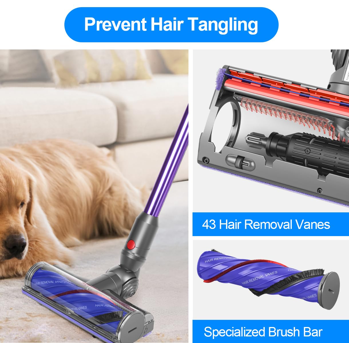FUNTECK Motorbar Cleaner Head for Dyson V12 (Not for SV12) Detect Slim & V9 Motorbar, Anti-Tangle Vacuum Brush Attachment for SV20 SV30, Ideal for Carpets Rugs and Smooth Hard Floors