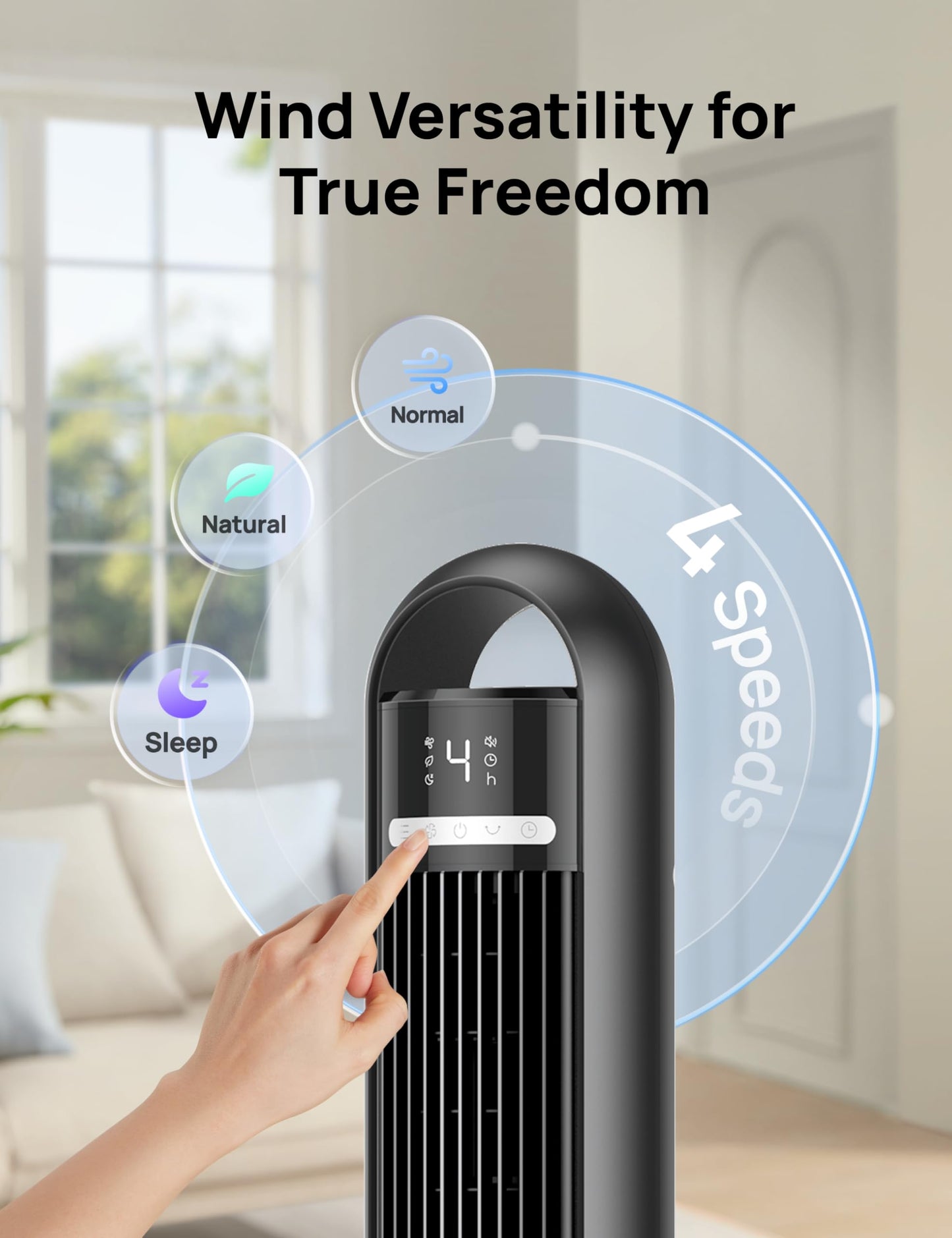 Dreo Tower Fan for Bedroom, 90° Oscillating Standing Fans for Room with 4 Speeds, 3 Modes, 28dB Quiet for Sleep, 25ft/s Velocity, 8H Timer, Remote, Living Room, Office, Home, Black