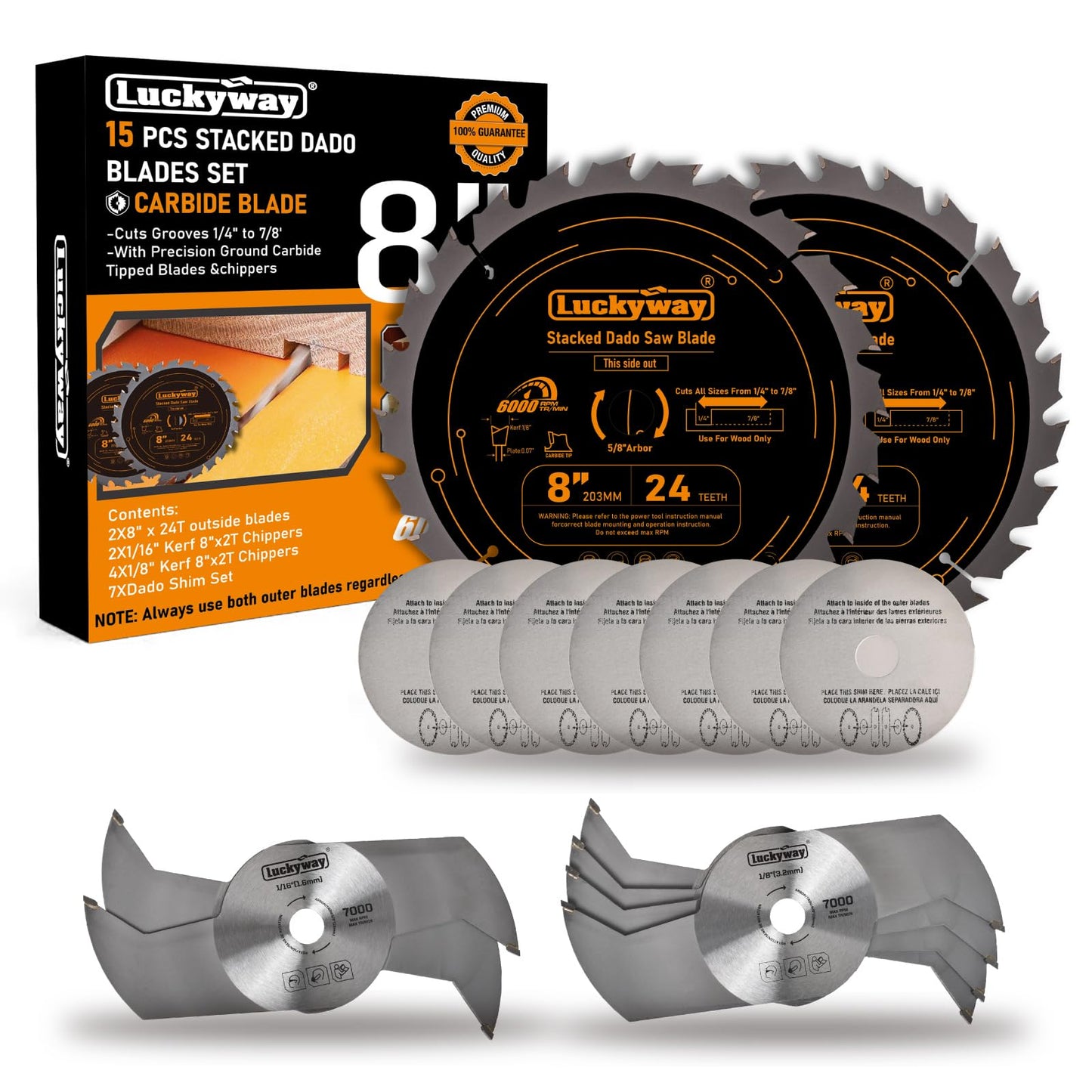 Luckyway Dado Blade Set, 8 Inch Stacked Dado Blades for 10" Table Saw 24 Carbide Tip Tooth with 5/8 Inch Arbor, Cutting Width from 1/4" to 7/8" in 1/16"- 15 Pieces