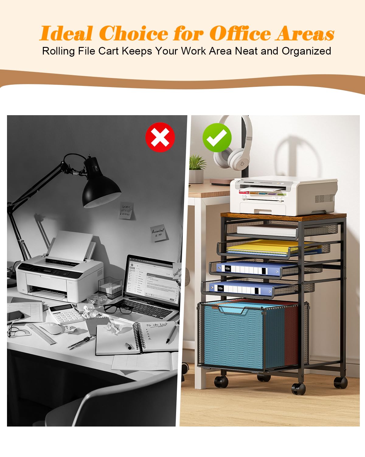 Rolling File Cart with Wheels, 5-Tier Under Desk Filing Cabinet for Letter-Size File Storage, Sliding Metal Mesh Trays & Printer Stand, Office Storage and Organization for Teachers, Home Office