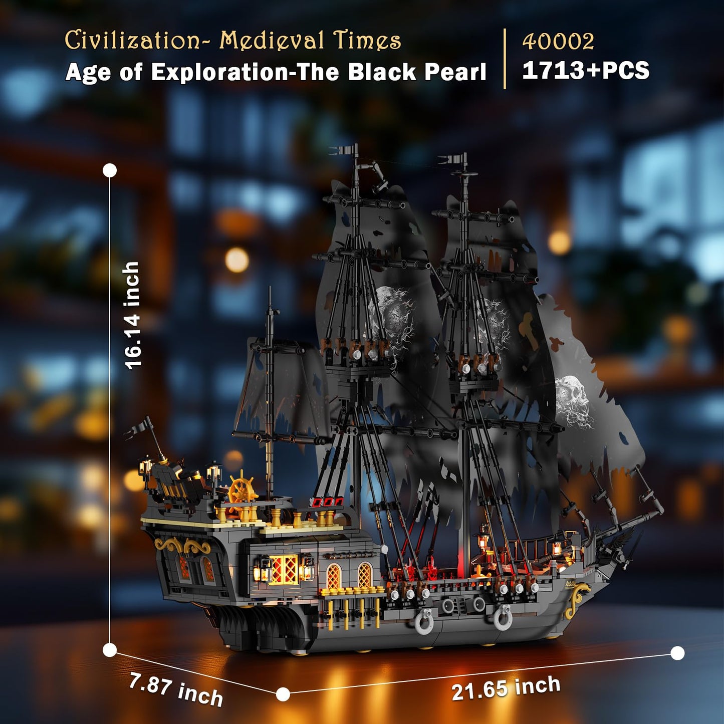 JMBricklayer Pirate Ship Building Toys with Lights, Pearl Pirate Ship Model Boat Kit 40002, Black Ship Toy Building Sets for Adult Teens 14+, Home Office Decor(1713 PCS) New Upgrade