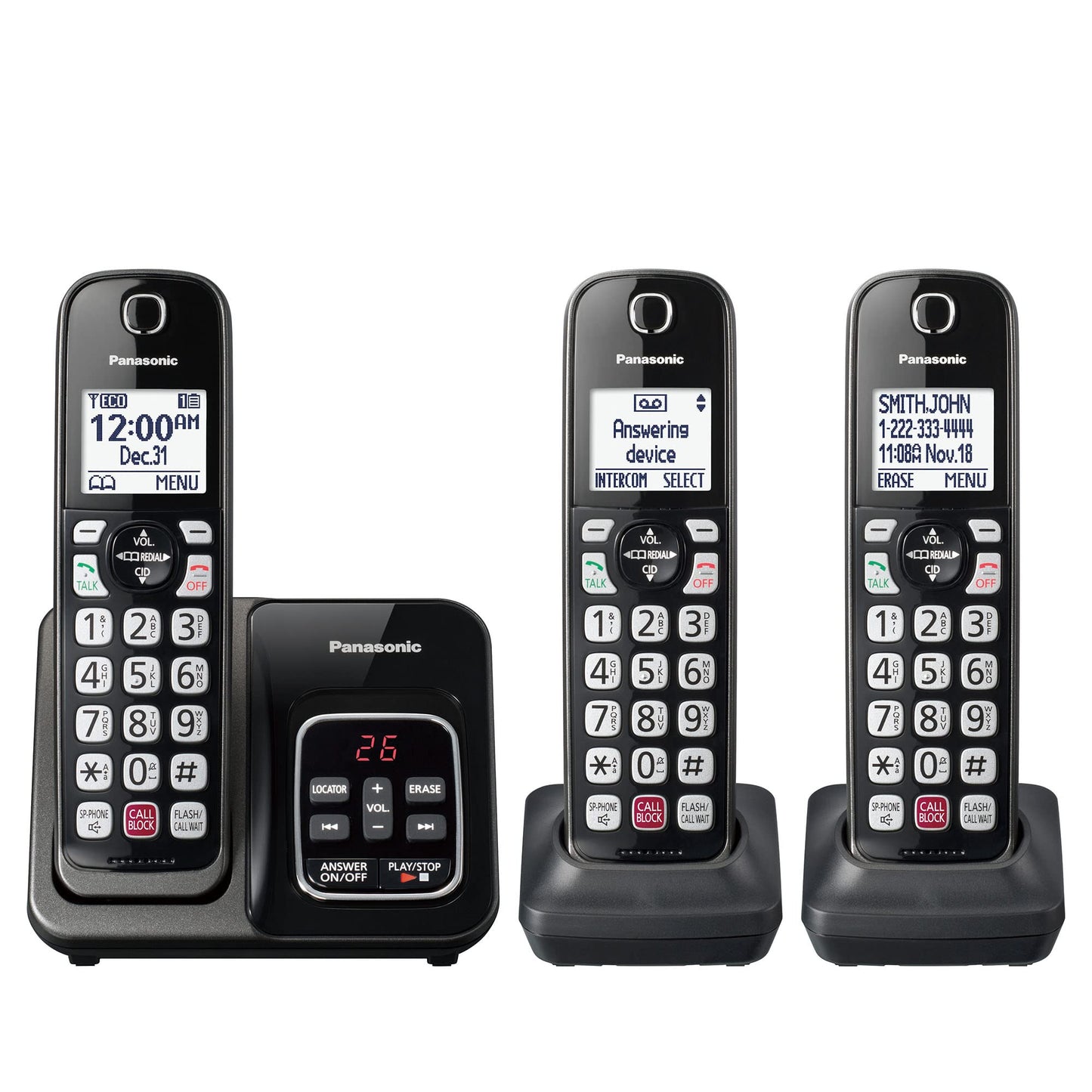 Panasonic Cordless Phone with Answering Machine, Advanced Call Block, Bilingual Caller ID and Easy to Read High-Contrast Display, Expandable System with 3 Handsets - KX-TGD833M (Metallic Black)