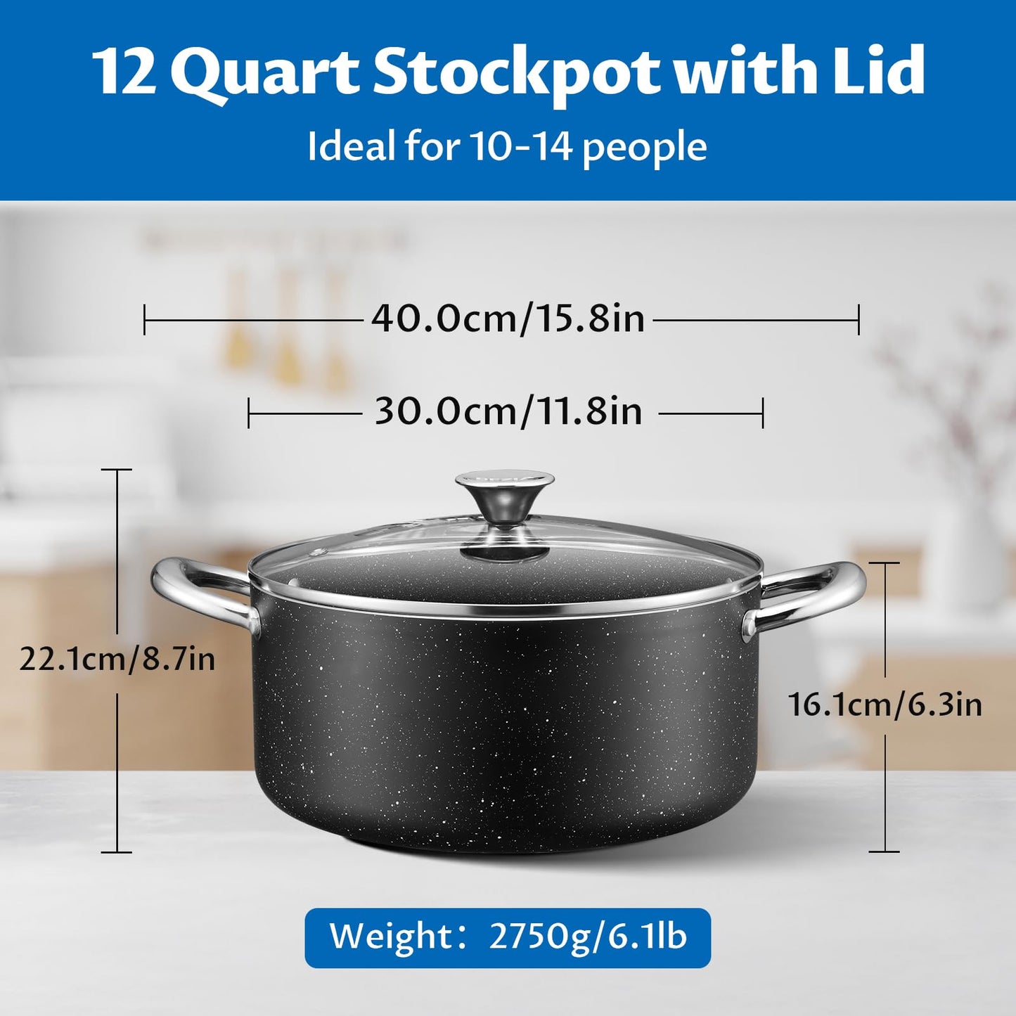 BEZIA Large 12 Quart Nonstick Stock Pot with Lid, Induction Cooking Pot Soup Pot, Non-toxic and Oven Safe, Perfect for Stews, Soups and All Stovetops, PFOA PFAS Free
