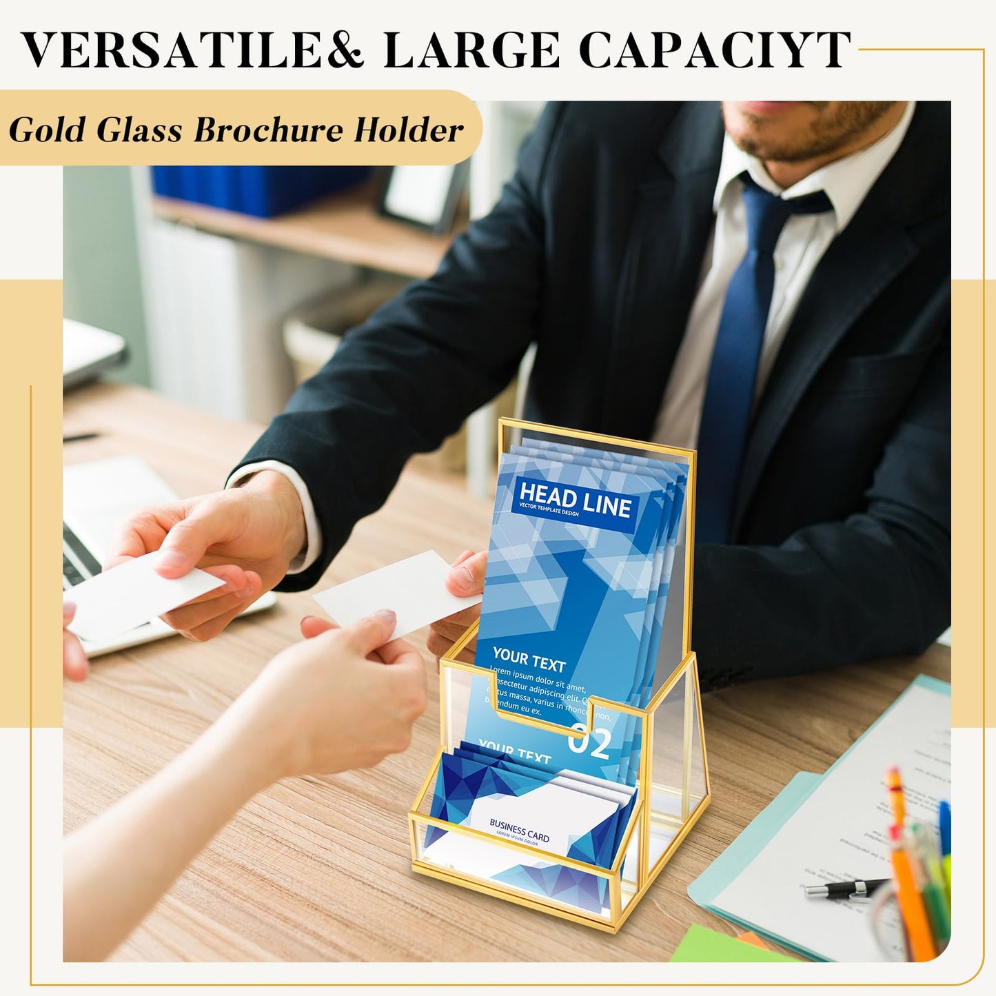 Fuyoooo 2 Pcs 4 Inches Gold Glass Brochure Holder Countertop Literature Trifold Pamphlet Stand with Business Name Card Holder Flyer Brochure Display for Magazine, Booklets, Menu, Journals Display