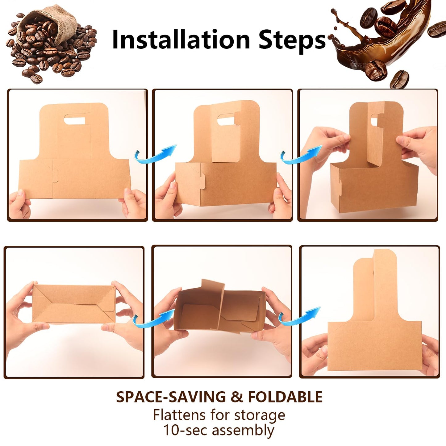 BKISVWCSop 100 Pack 2-Cup/4-Cup Drink Carrier with Handle (12-30oz) | Disposable Paperboard Cup Holder | Foldable Beverage Tray for Hot/Cold Drinks, Coffee to Go, Delivery & Takeout