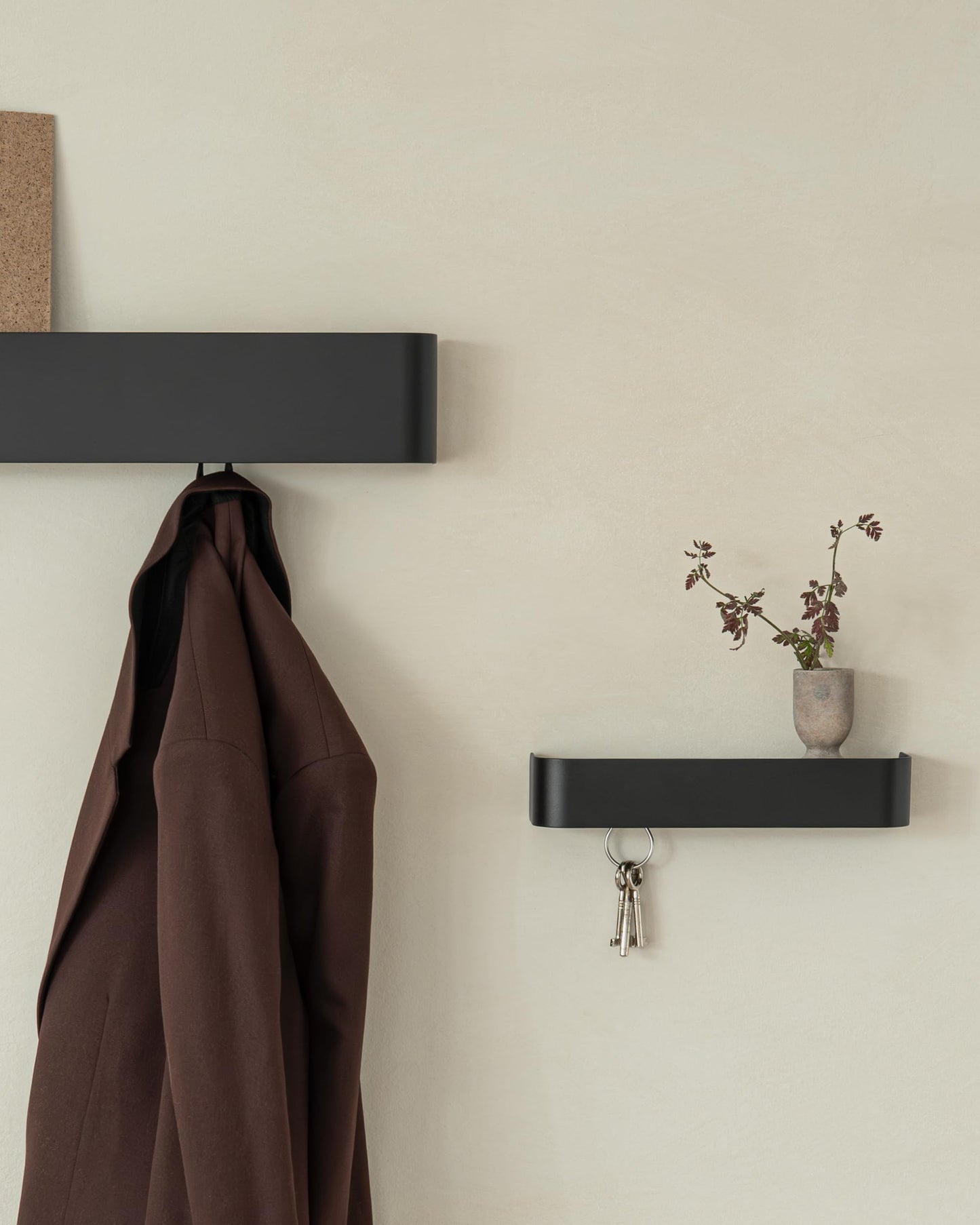 Kazai. Coat Rack Wall Mount with Shelf 'Tone' | Modern Design Coat Hanger with Hidden Hooks and Storage | Hat Rack with Shelf in Metal | Wall-Mounted Purse Organizer | Black