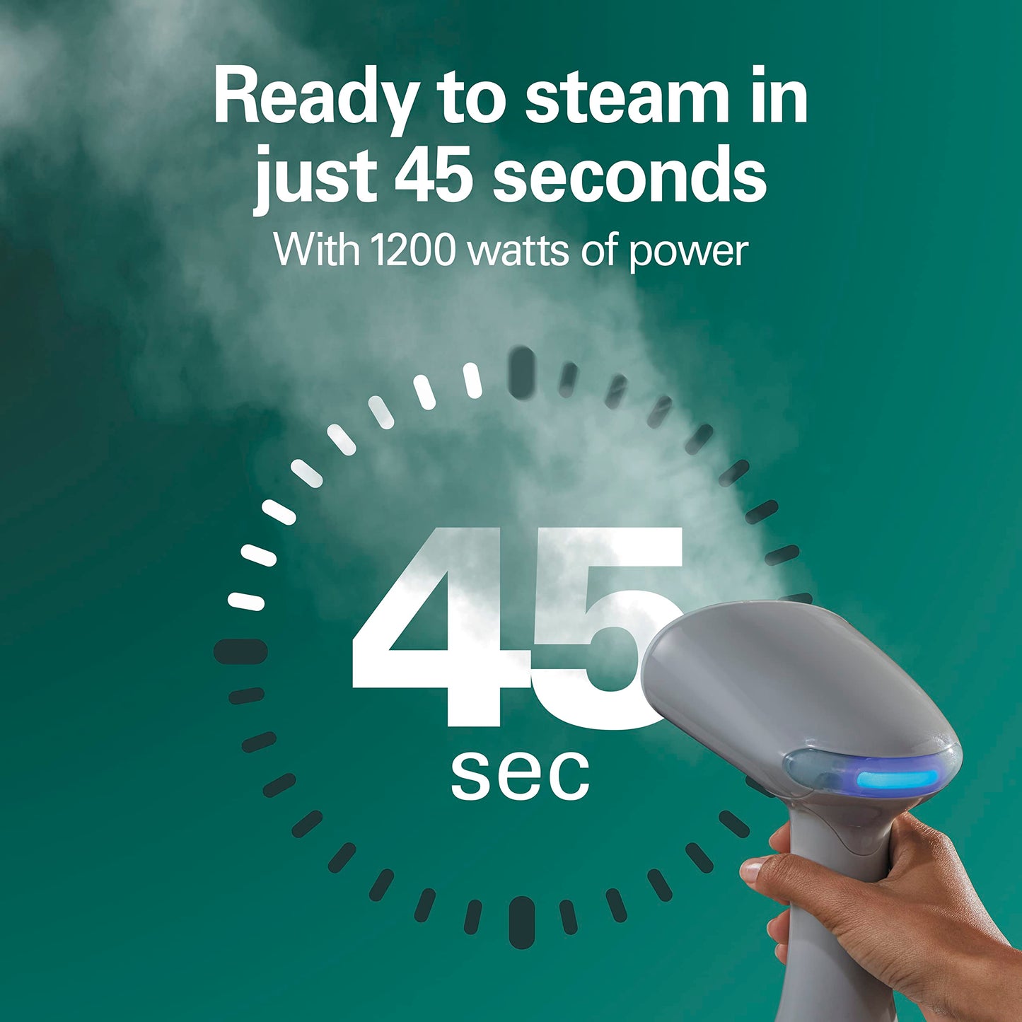 Hamilton Beach Handheld Garment Steamer for Clothes, Fabric and Drapes,1200 Watts, 400ml Water Tank, 20 Minutes of Continuous Steam, Vacation Essentials, Gray & Blue (11557)