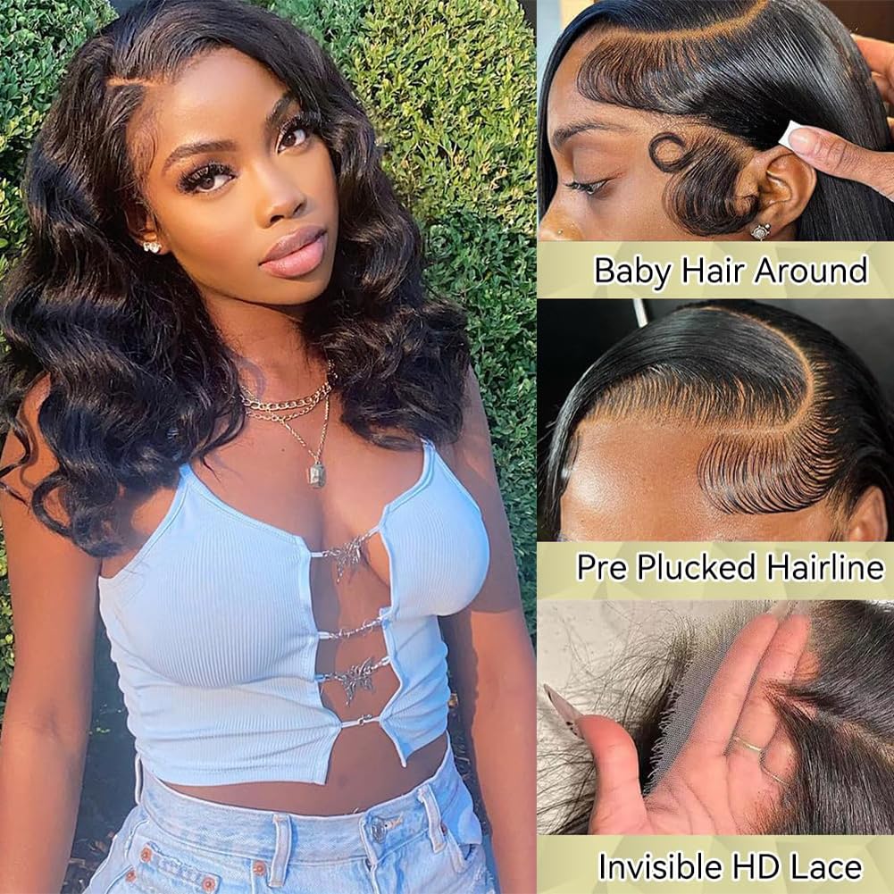 TONGMAY Bob Wig Human Hair 13x4 HD Lace Front Body Wave Bob Wigs Brazilian Virgin Human Hair Bob Wig for Women 180% Density Frontal Wig Human Hair Natural Black 16 Inch