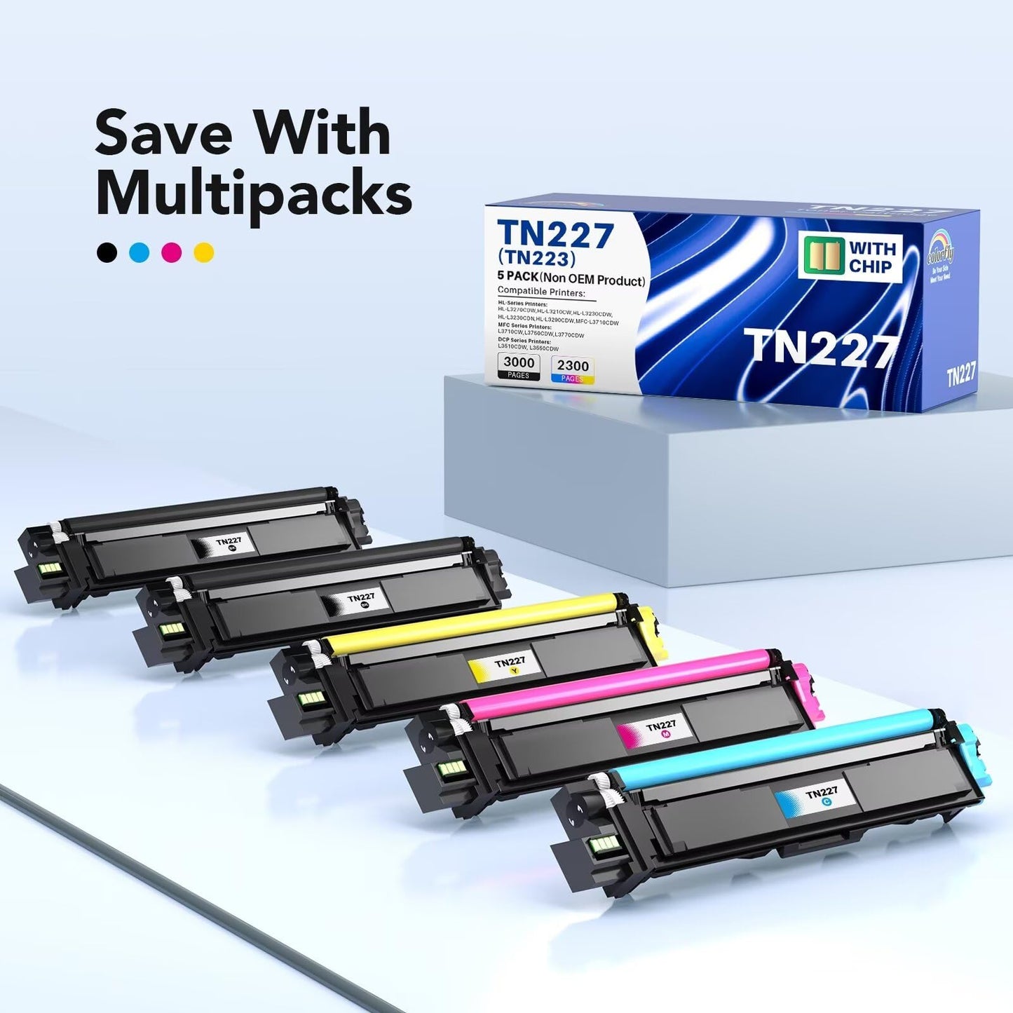 Colorfly Compatible TN227 High Yield Toner Cartridge Replacement for Brother TN-227BK/C/M/Y High Yield TN227 High Yield Toner Cartridge Use with HL-I3290CDW Toner MFC l3770CDW HL-L3270CDW 5P