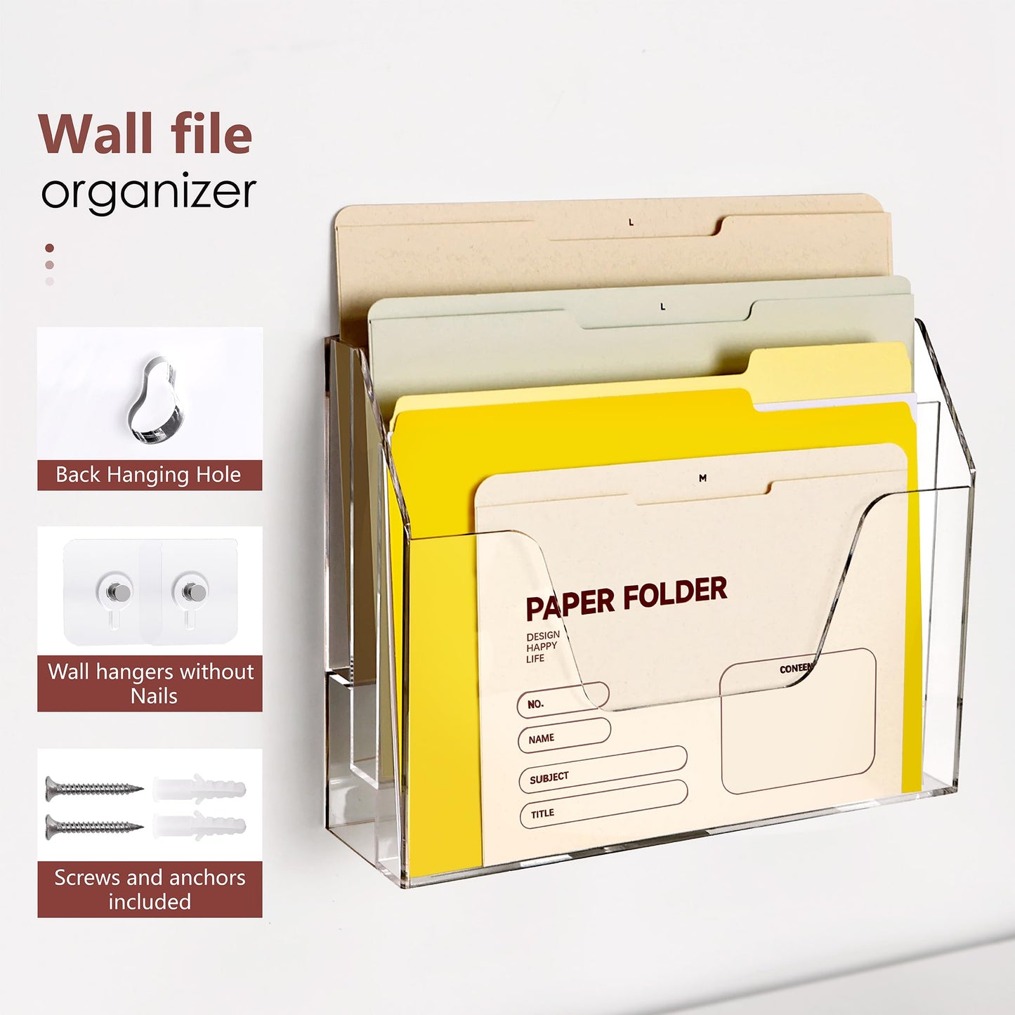 Tfirhuoe Wall Hanging File Folder Organizer for Desk, 3-Tier Acrylic Magazine Rack Wall Mount File Holder, Clear Paper Document Office Organizer - 1 Pack