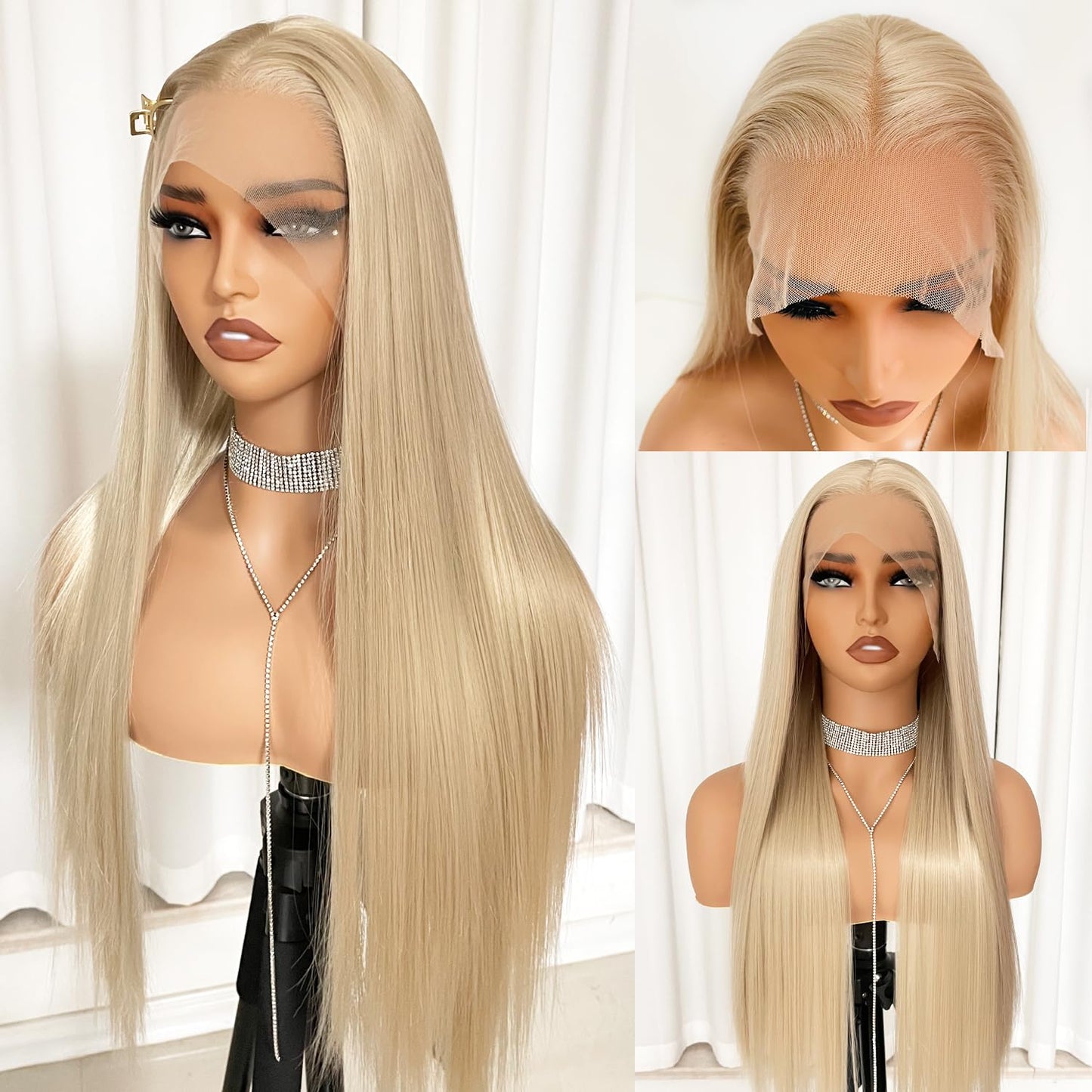JPIKAQIU Ash Blonde Lace Front Wigs Pre Plucked Long Straight Lace Front Wig Natural Hairline Ash Blonde Colored Synthetic Lace Front Wigs for Women Heat Resistant Fiber Hair