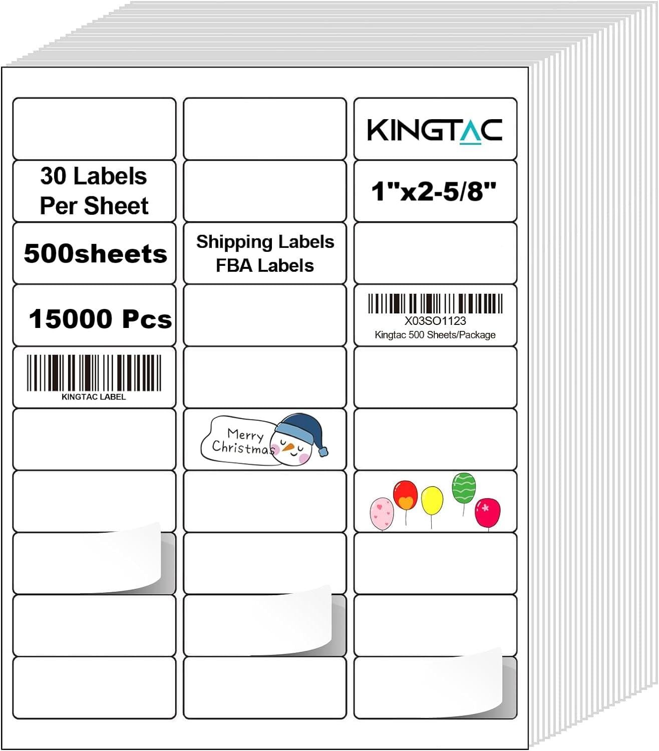 Kingtac (15,000 Labels, 500 Sheets) 30 Up Address Labels, 1" x 2-5/8" Sheet Labels 30 UP Shipping Sticker Labels for Laser & Inkjet Printers