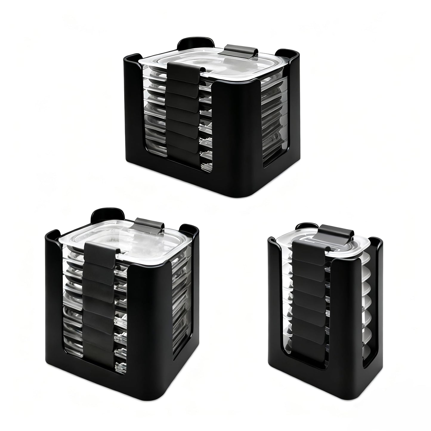 Food Container Lid Organizer for Rubbermaid Brilliances nap-on lids, Lid Organizer for Kitchen Cabinet Storage (3-Piece) - Holds 24 Lids for 4.7 Cup, 3.2 Cup, 1.3 Cup & 0.5 Cup Containers (Black)