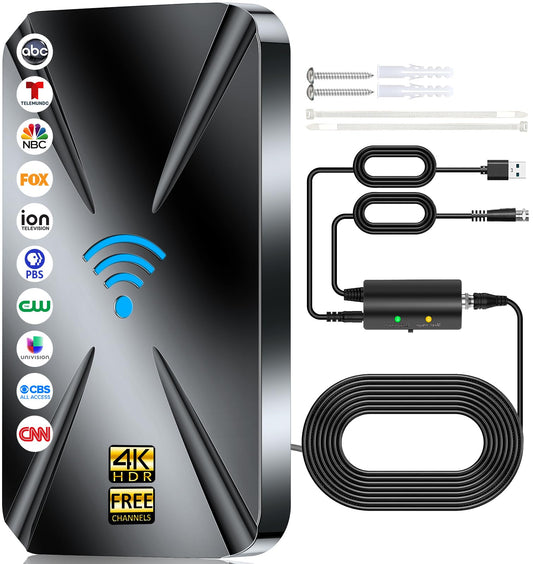 2025 Upgraded TV Antenna Indoor, Strong Signal Digital Antenna for Smart TV Indoor, HDTV Antenna for Local Channels with Amplifier, Outdoor Antenna Support 8K 4K 1080p All TVs -38FT Coax Cable