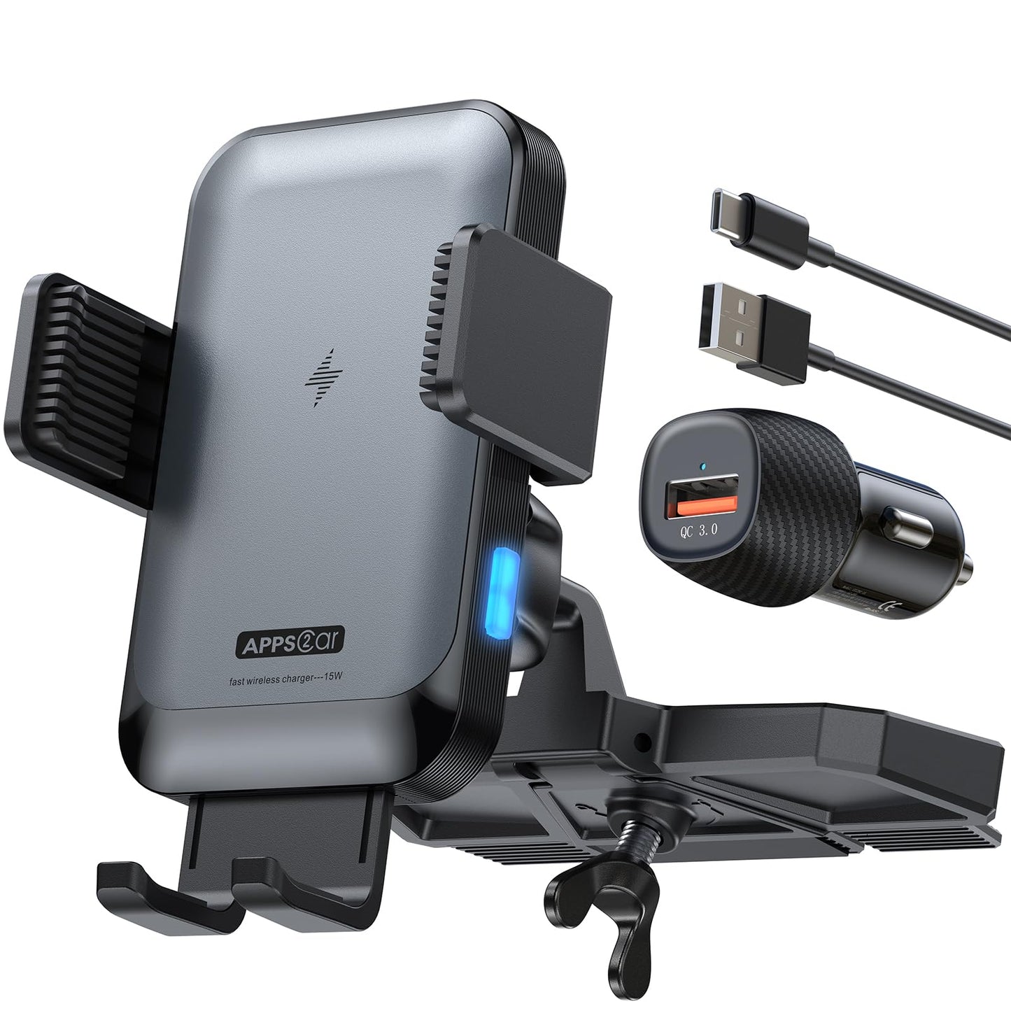 APPS2Car Wireless Car Charger Mount CD Slot Auto Clamping 15W Fast Charging CD Phone Holder for Car Wireless Charger Fit for iPhone 16 15 14 13 12 Pro Max, Samsung S23 Ultra S22, Google, LG etc.