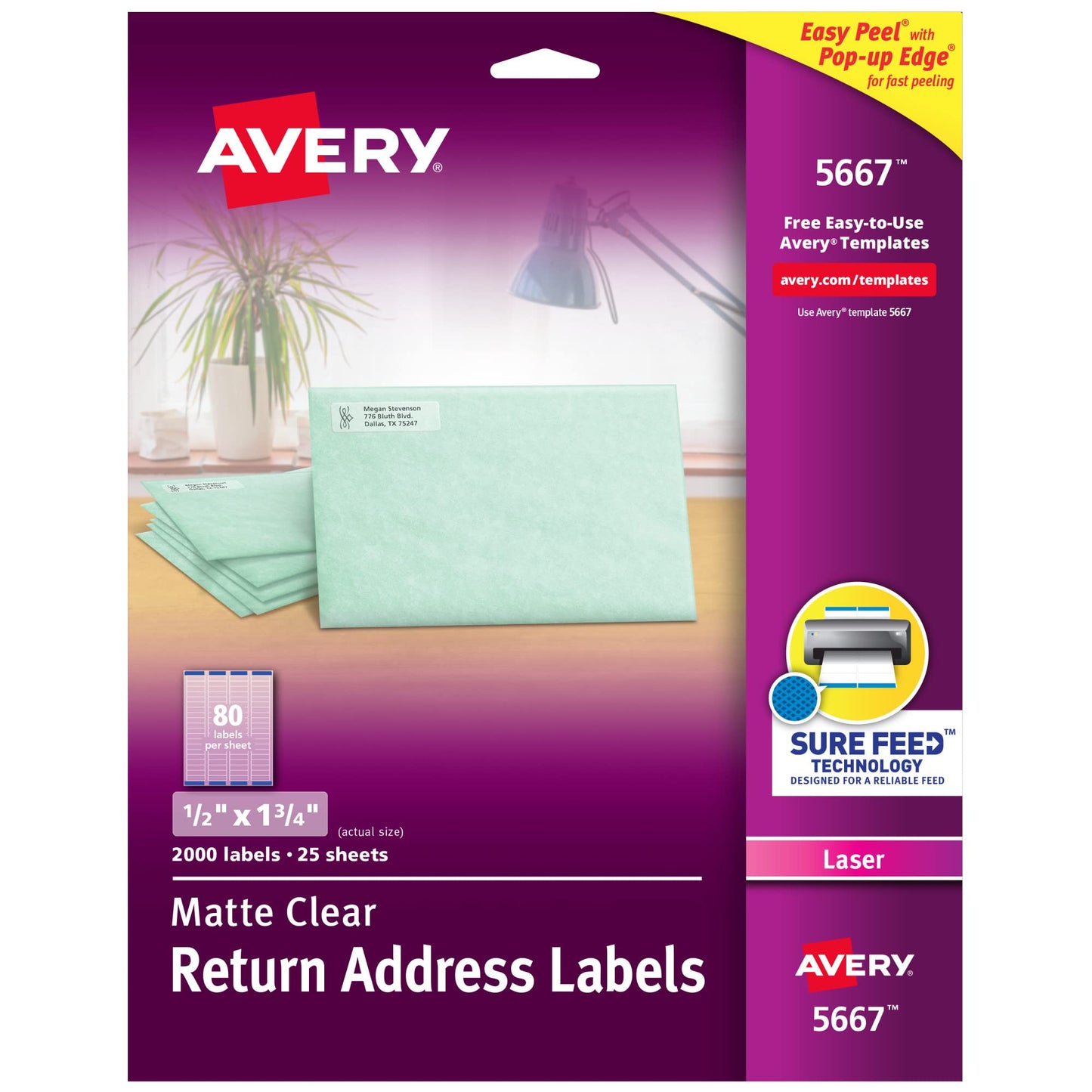 Avery Printable Return Address Labels with Sure Feed, 0.5" x 1.75", Matte Clear, 2,000 Blank Mailing Labels (05667)