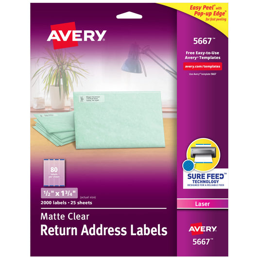 Avery Printable Return Address Labels with Sure Feed, 0.5" x 1.75", Matte Clear, 2,000 Blank Mailing Labels (05667)